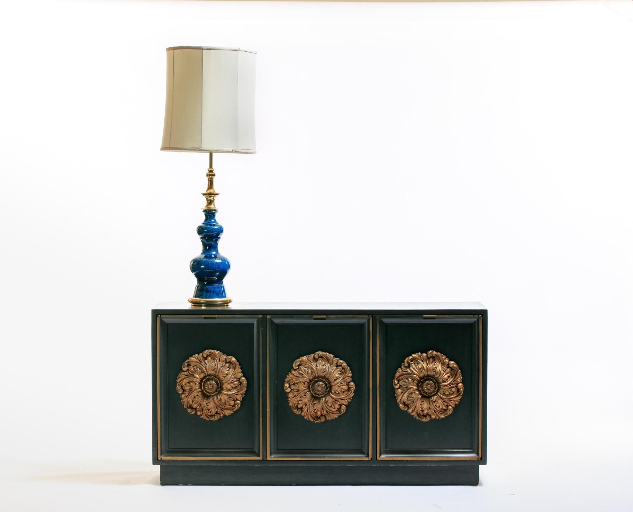 Mid-20th Century Pair of 1960s Blue Ceramic and Brass Stiffel Lamps in Asian Modern Style
