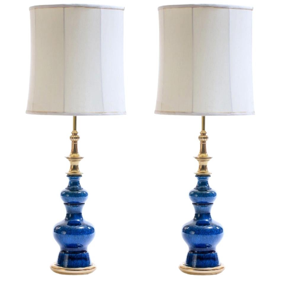 Pair of 1960s Blue Ceramic and Brass Stiffel Lamps in Asian Modern Style