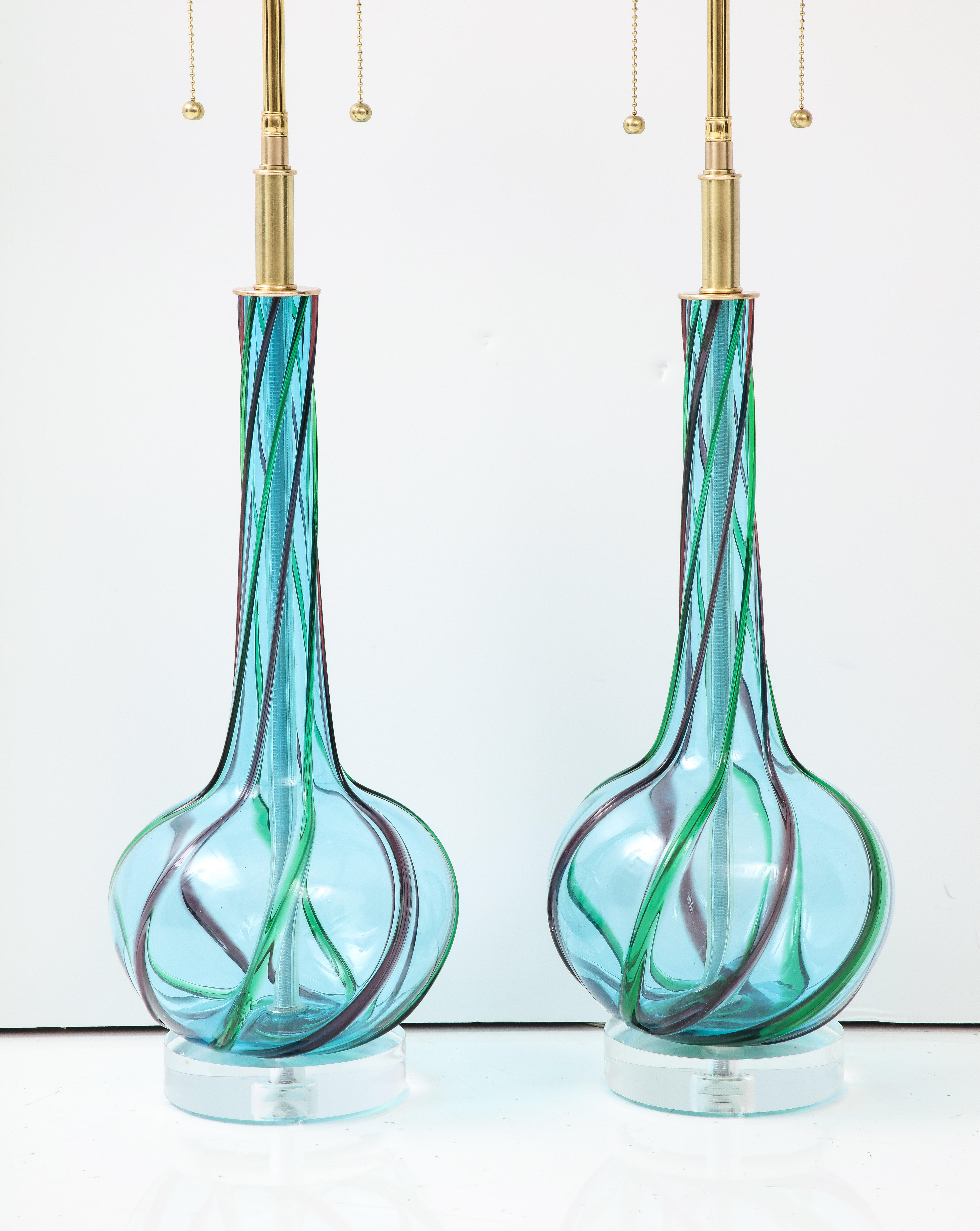 Mid-Century Modern Pair of 1960's Blue Murano Glass Lamps