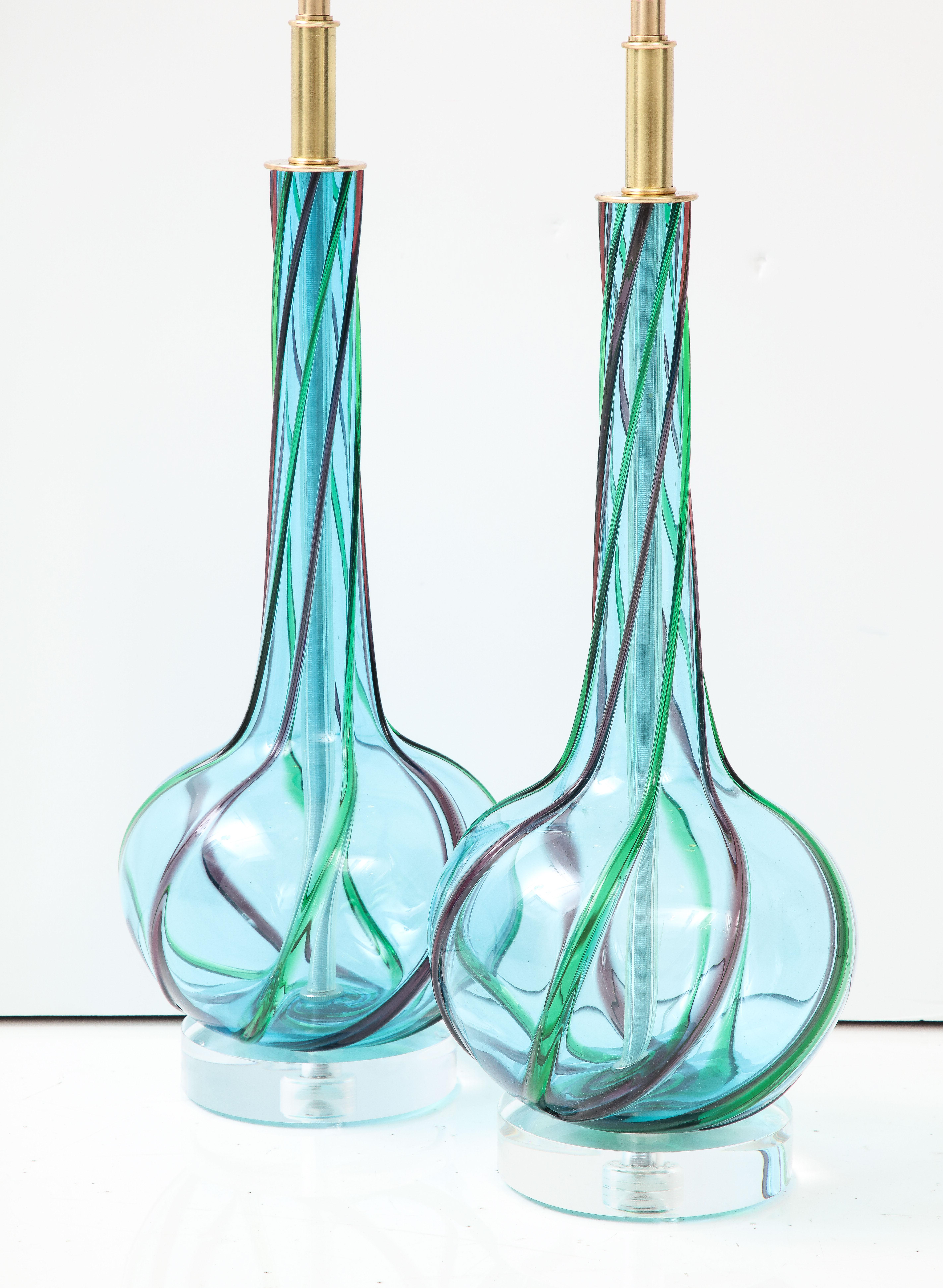 Italian Pair of 1960's Blue Murano Glass Lamps