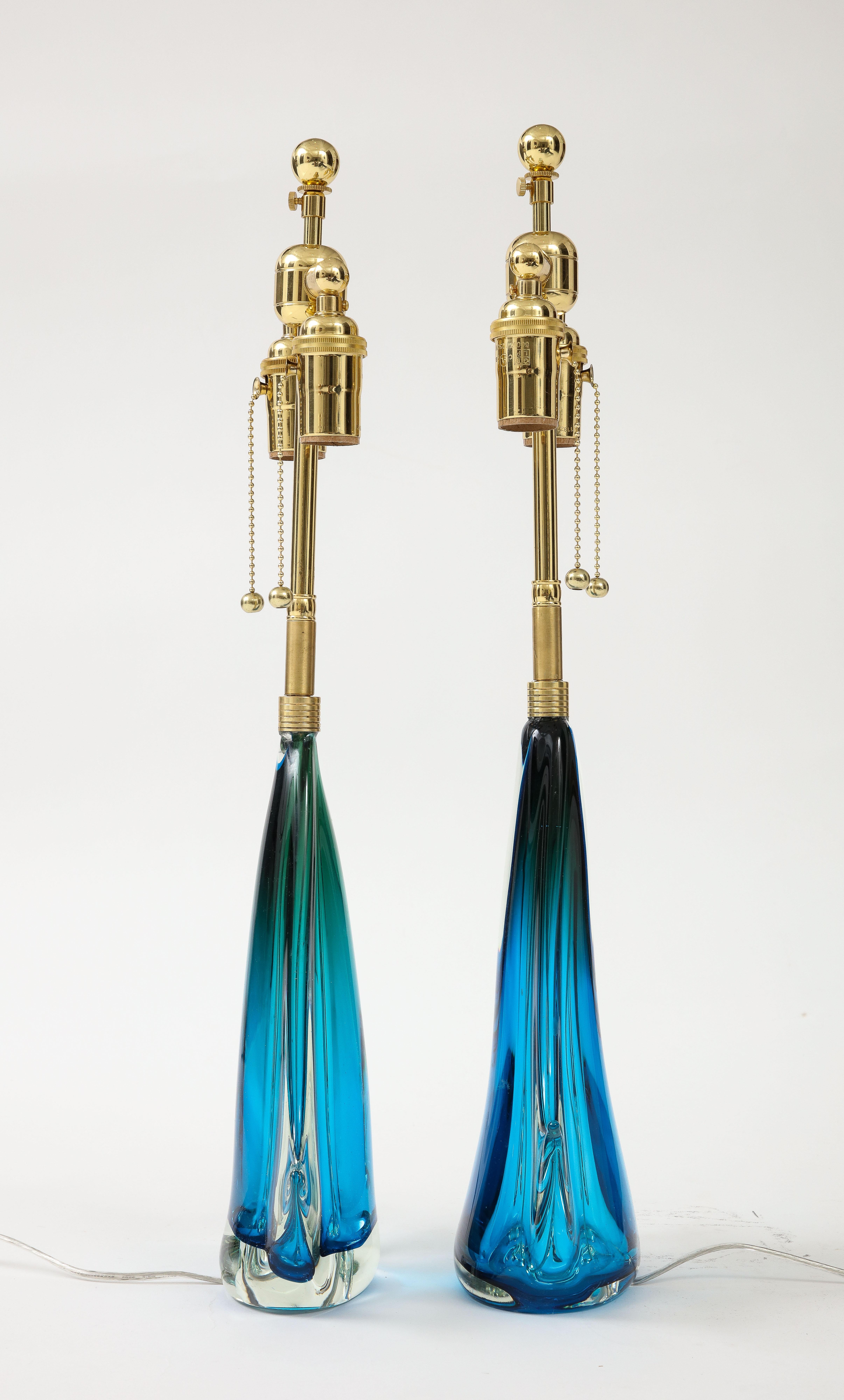 Pair of 1960's Blue Murano Glass Lamps In Good Condition For Sale In New York, NY
