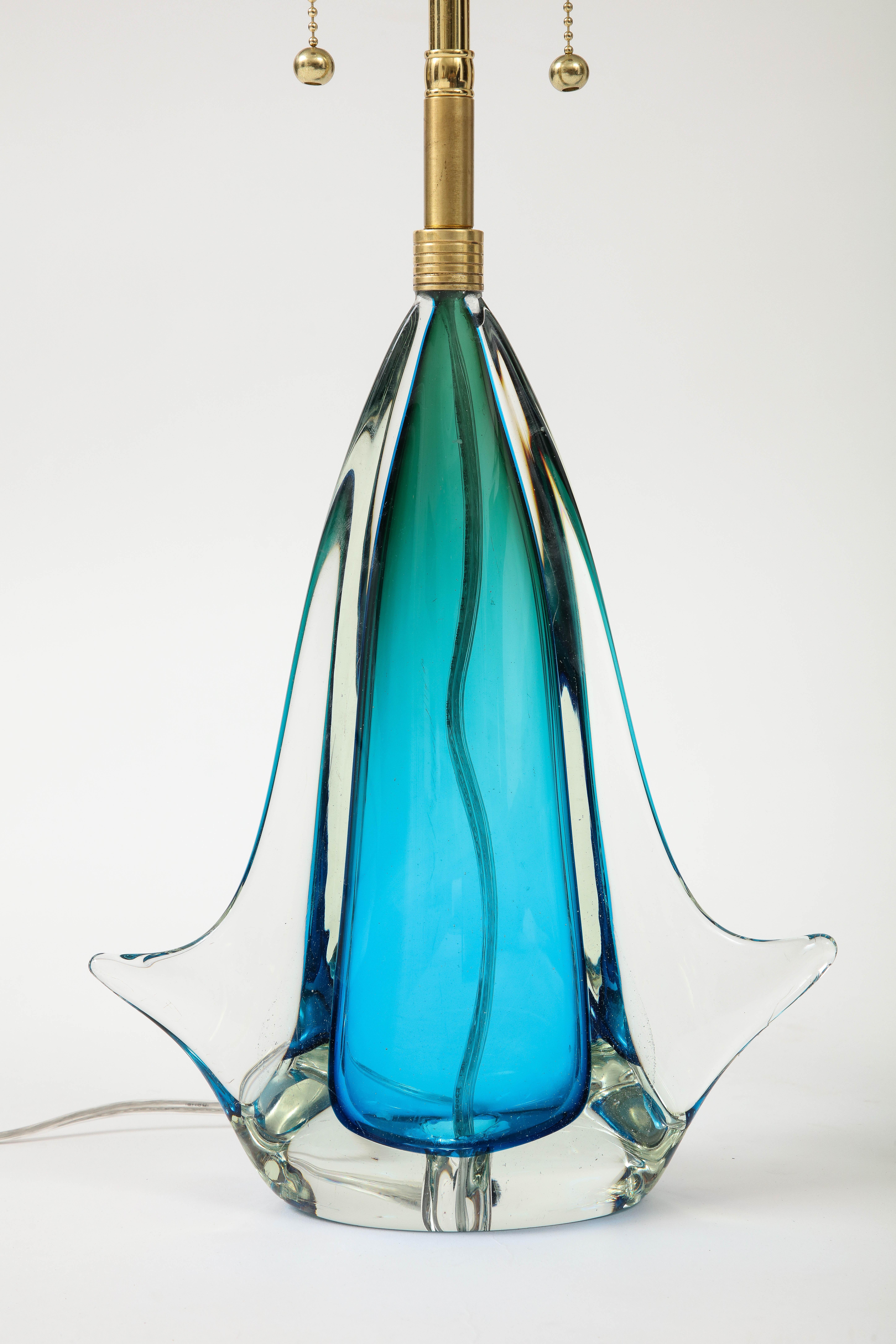 Mid-20th Century Pair of 1960's Blue Murano Glass Lamps For Sale