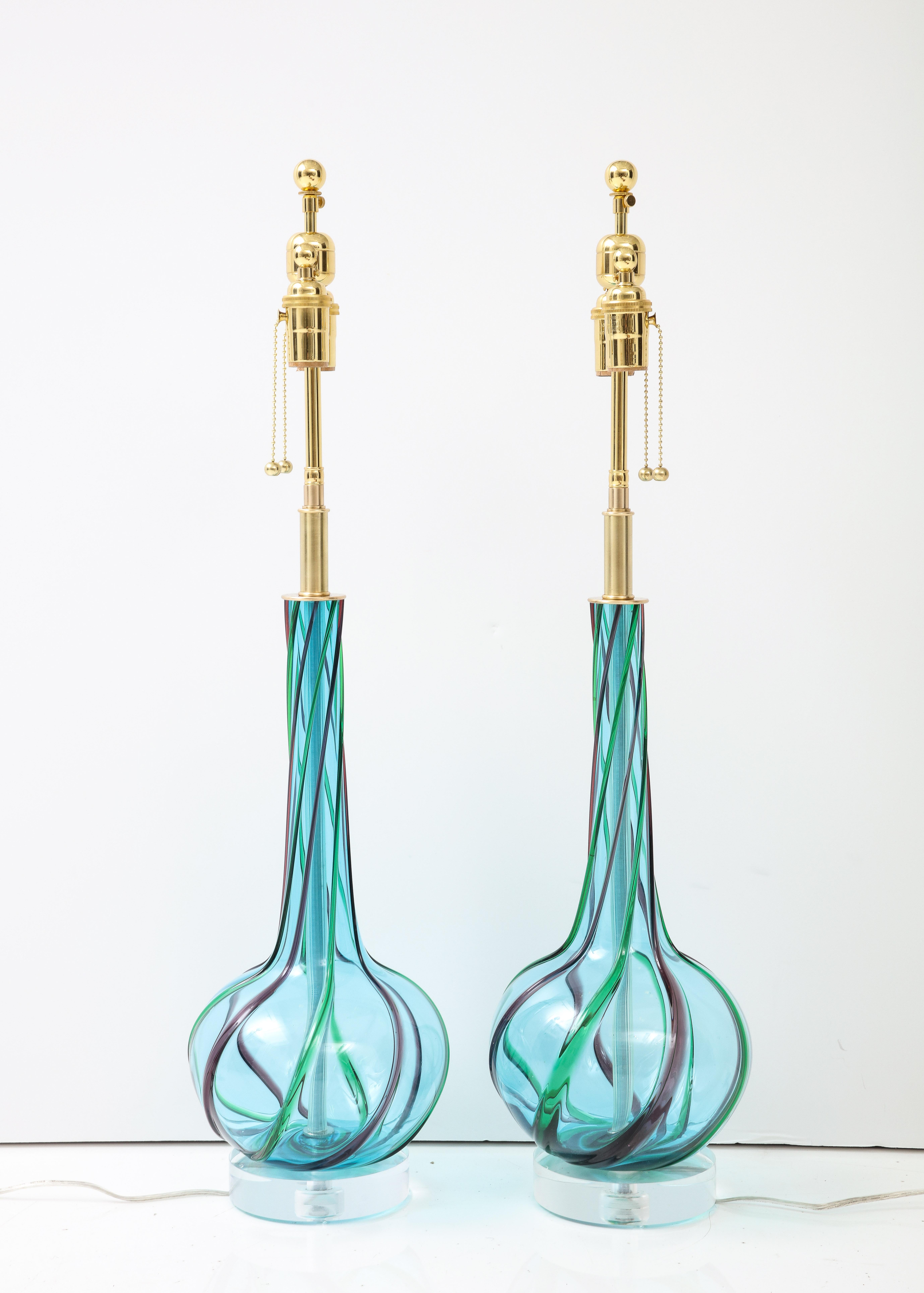Pair of 1960's Blue Murano Glass Lamps 1