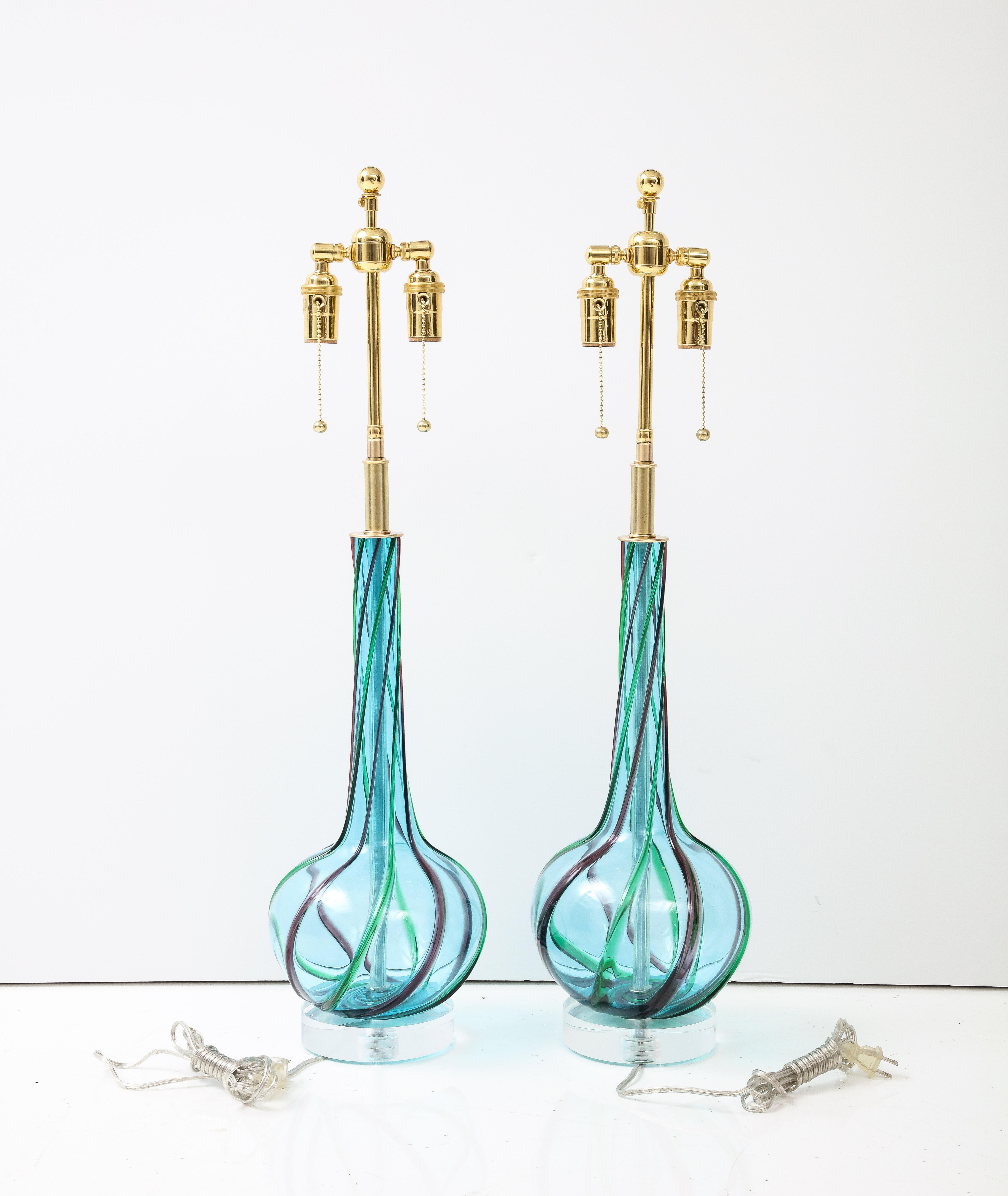 Pair of 1960's Blue Murano Glass Lamps 2