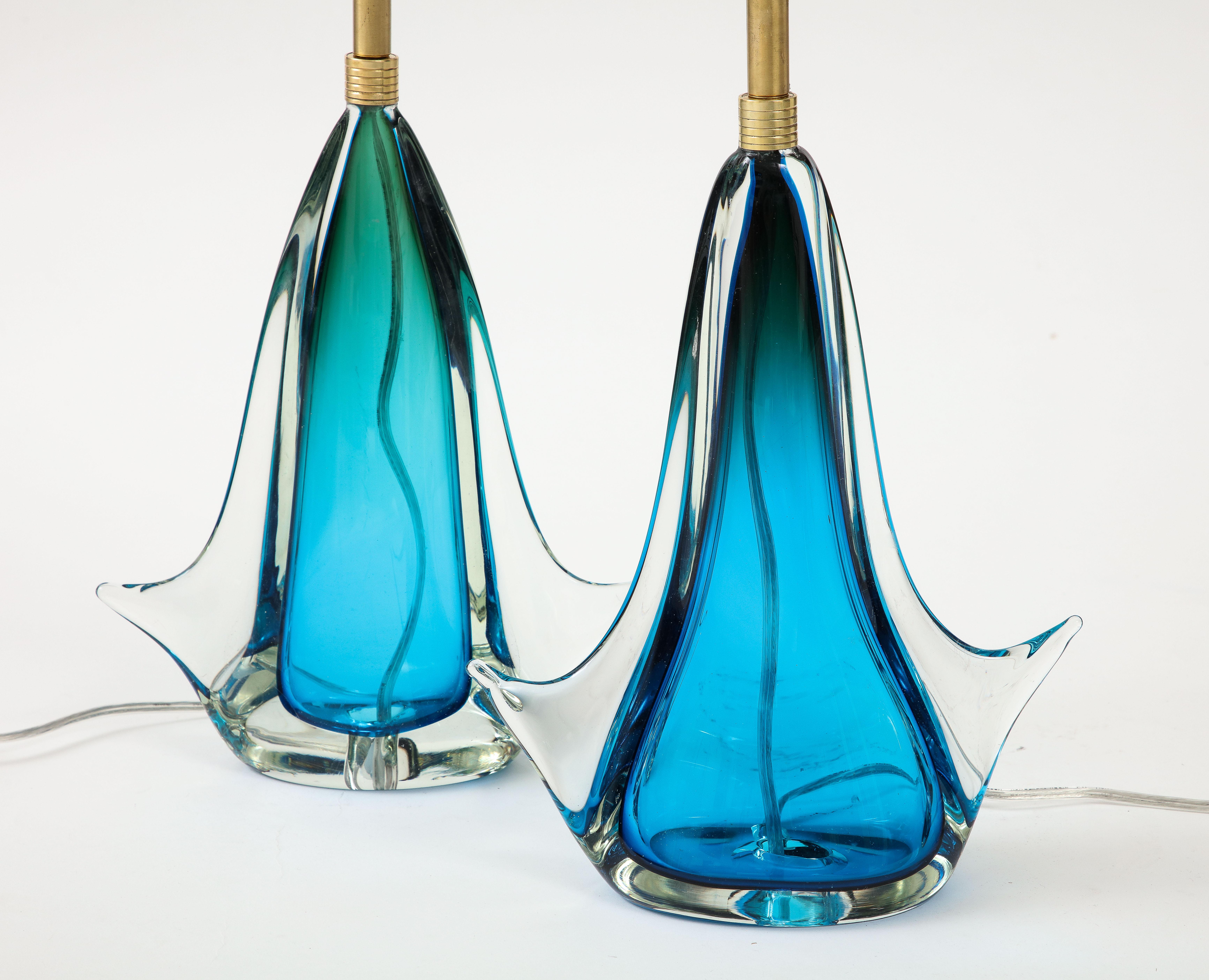 Pair of 1960's Blue Murano Glass Lamps For Sale 3