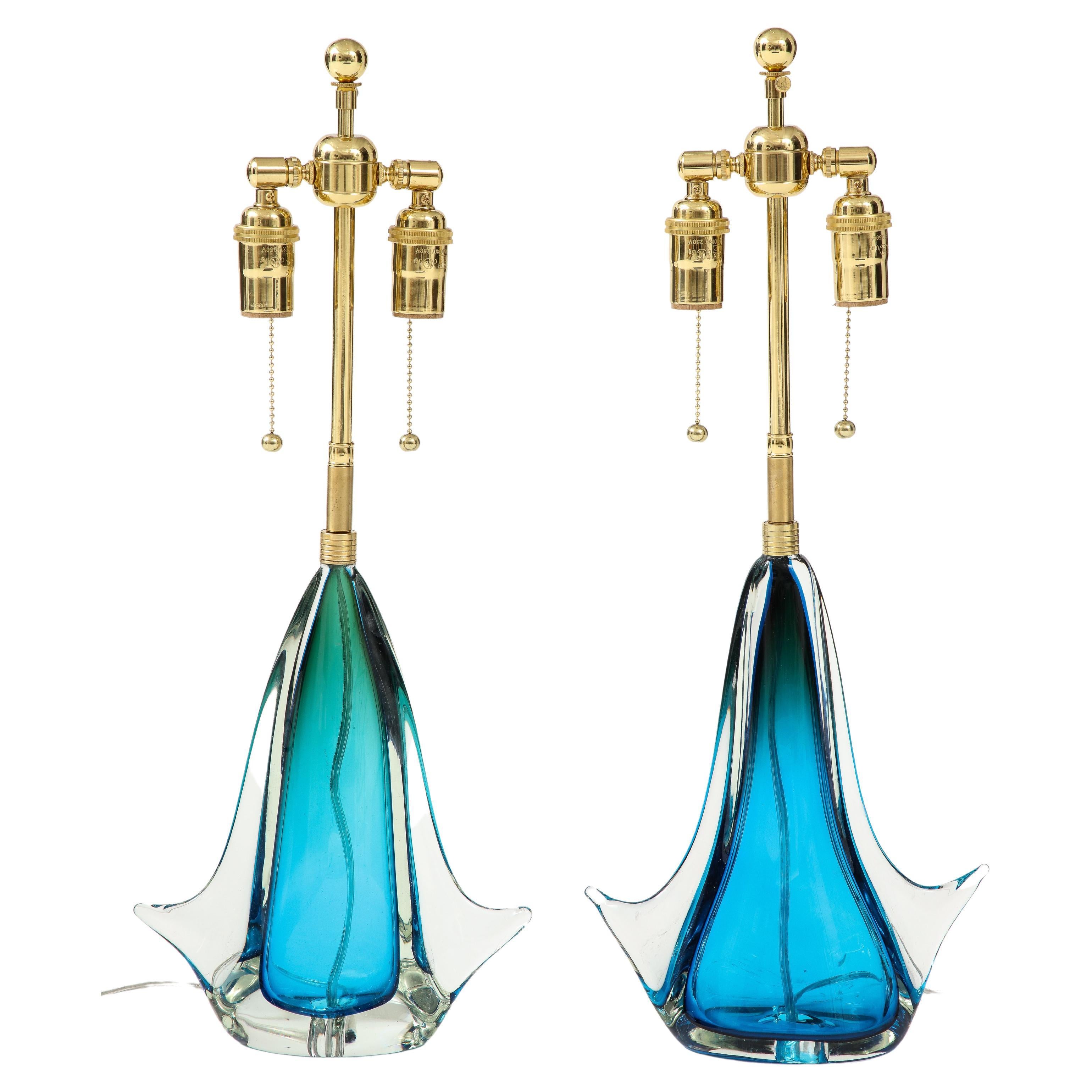 Pair of 1960's Blue Murano Glass Lamps For Sale