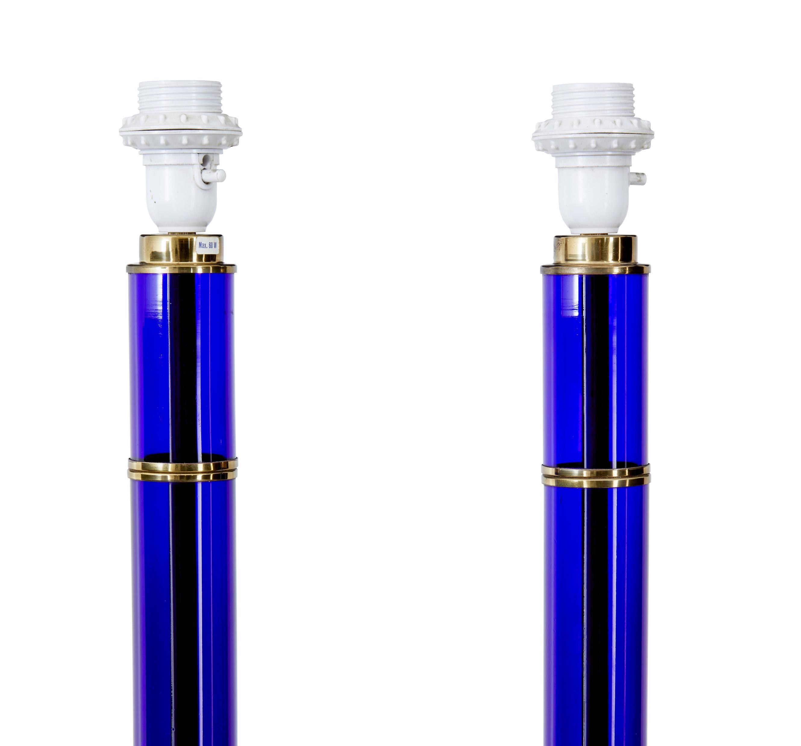 Swedish Pair of 1960s Bohemian Blue Glass and Brass Table Lamps