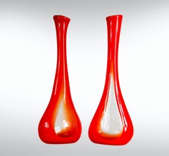 Pair of 1960s Bohemian/Czech Glass Optical Illusion Tall Orange Vases Space Age