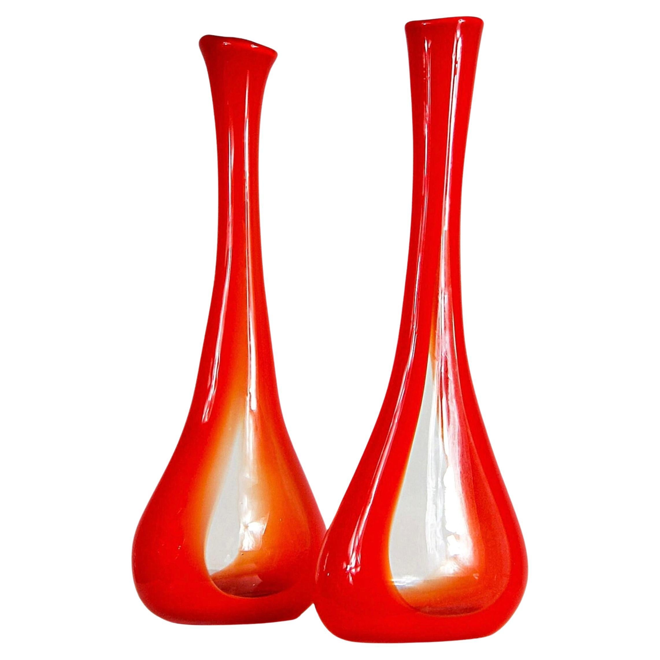 Pair of 1960s Bohemian/Czech Glass Optical Illusion Tall Orange Vases Space Age For Sale