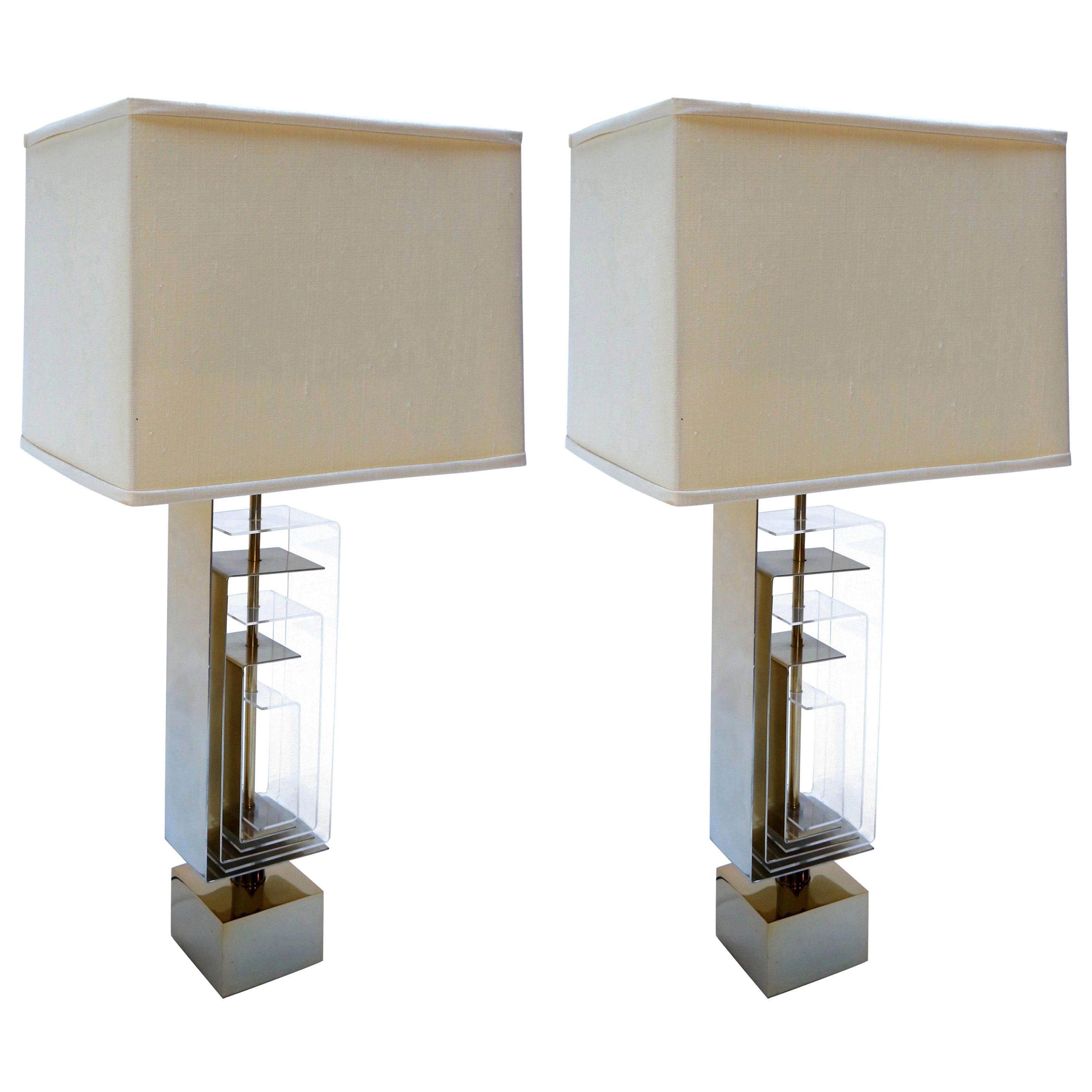 Pair of 1960s Brass and Acrylic Table Lamps by Laurel