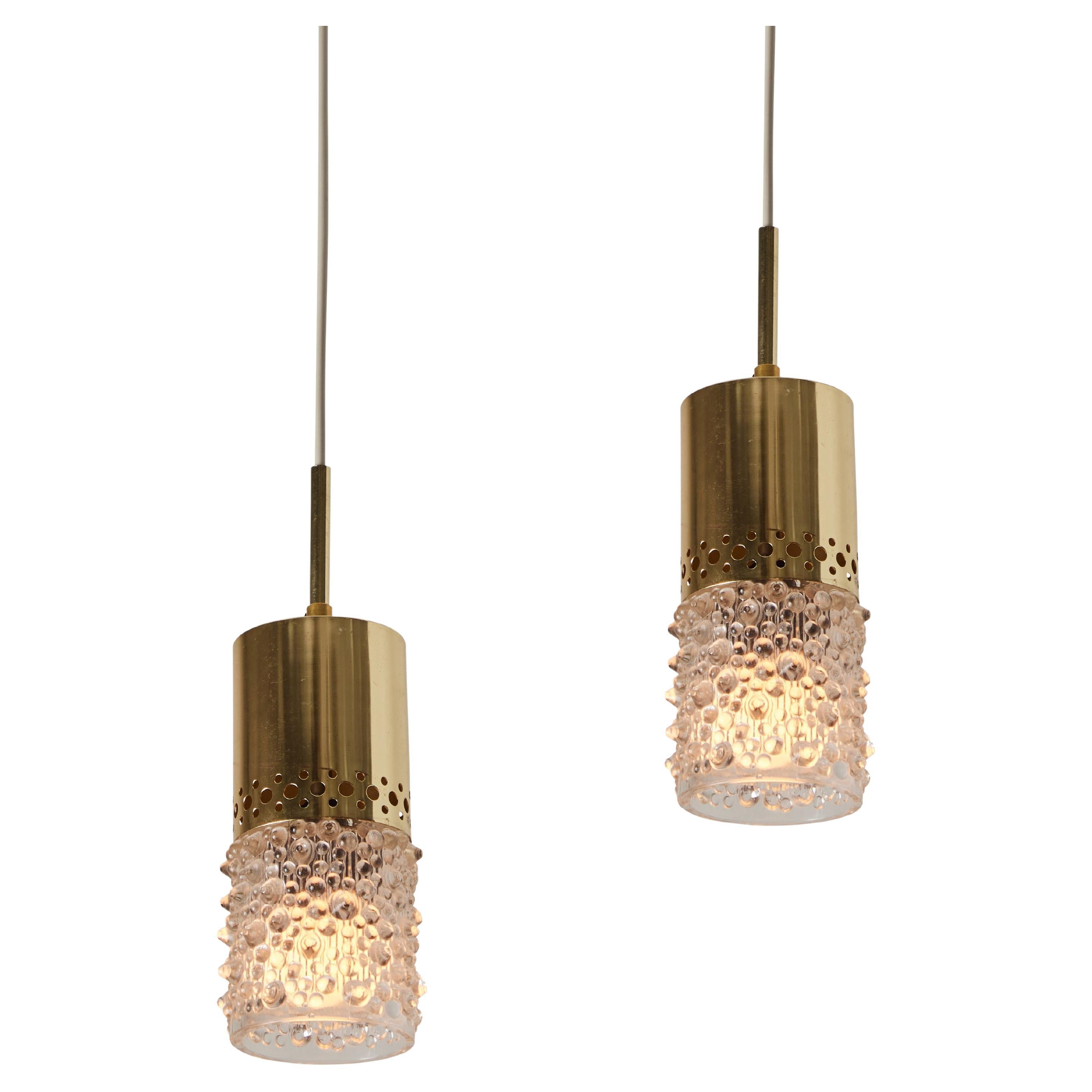 Pair of 1960s Brass and Bubble Glass Pendants by Helena Tynell