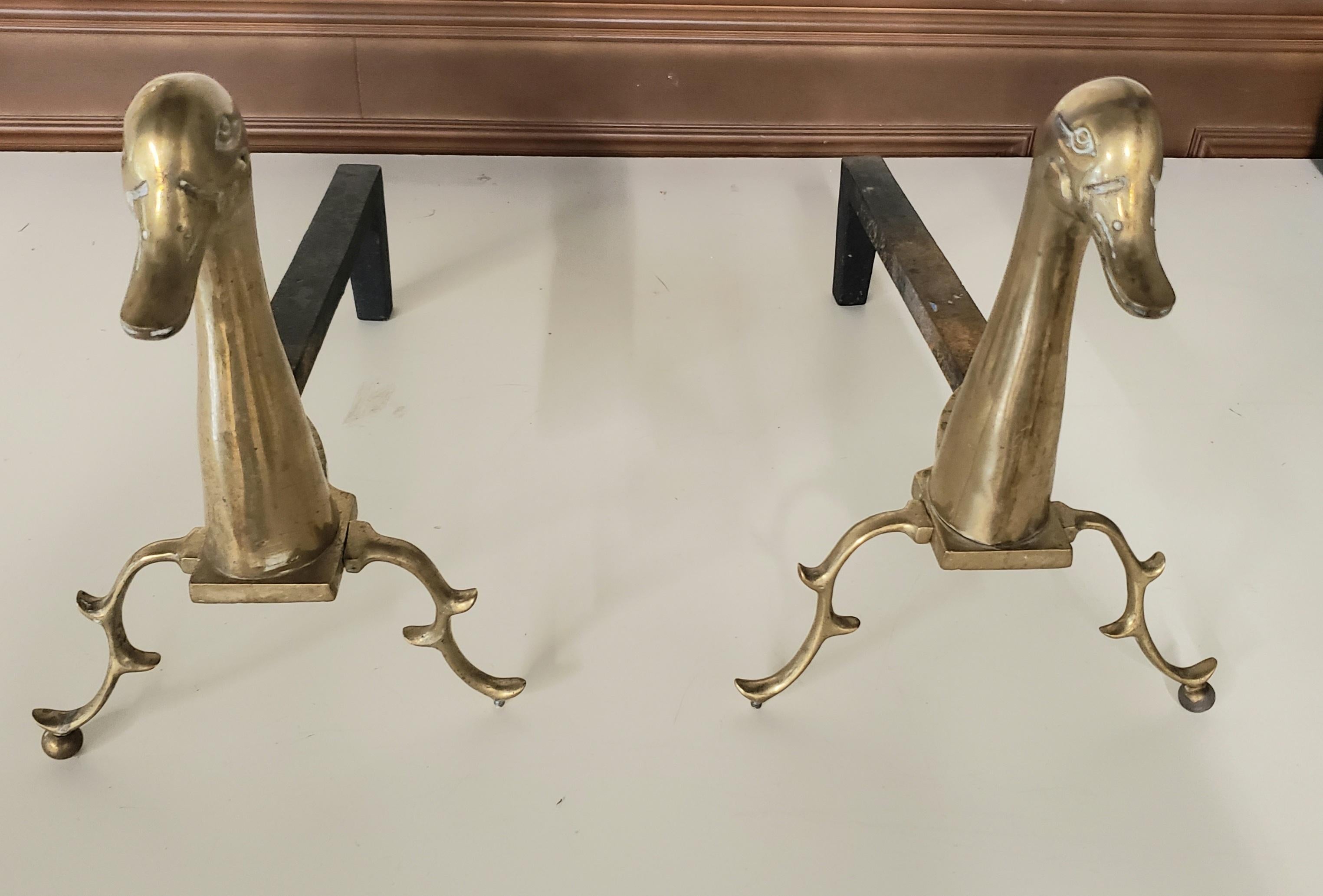 Mid-Century Modern Pair of 1960s Brass and Iron Duck Andirons For Sale