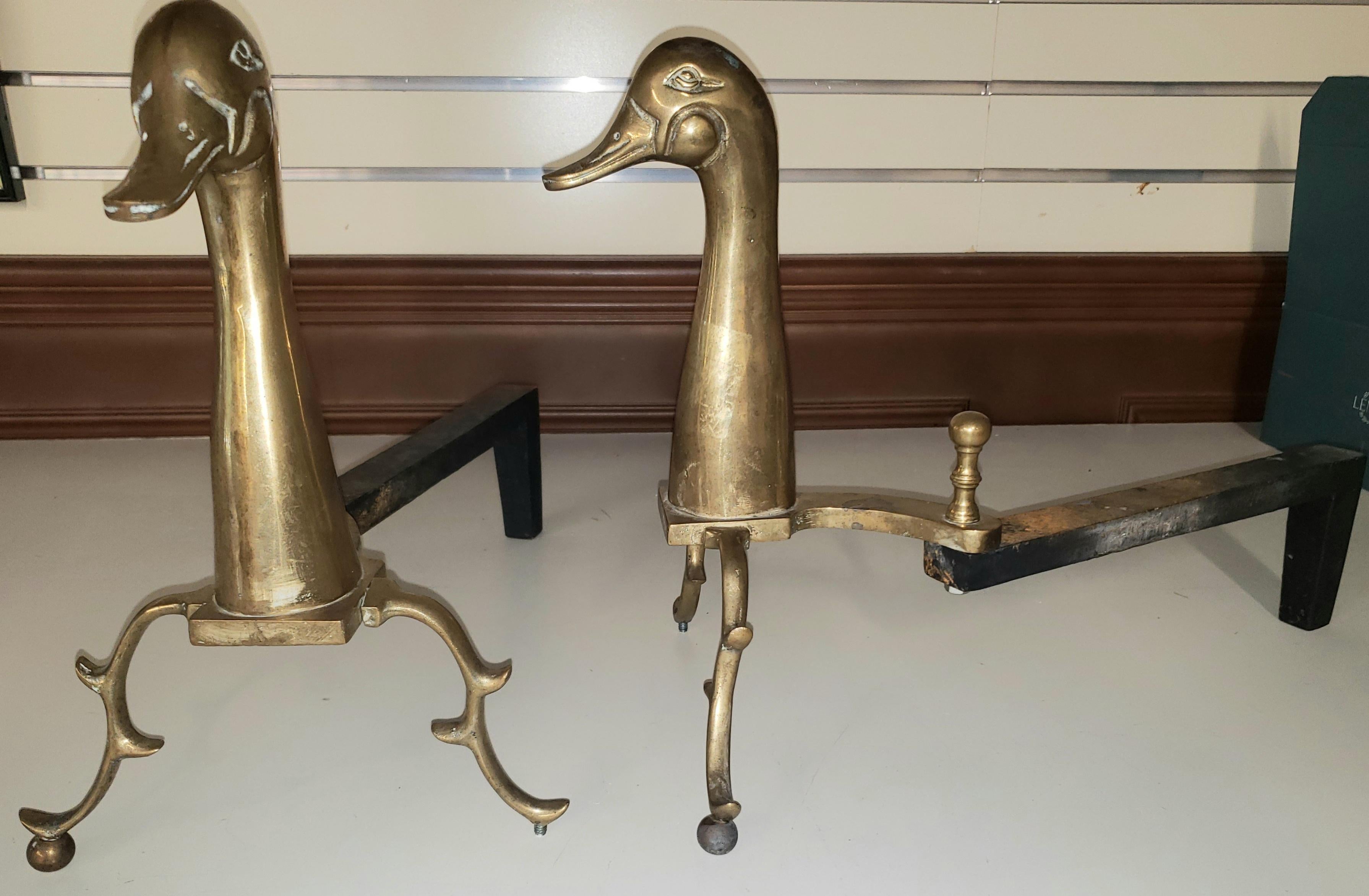 Metalwork Pair of 1960s Brass and Iron Duck Andirons For Sale