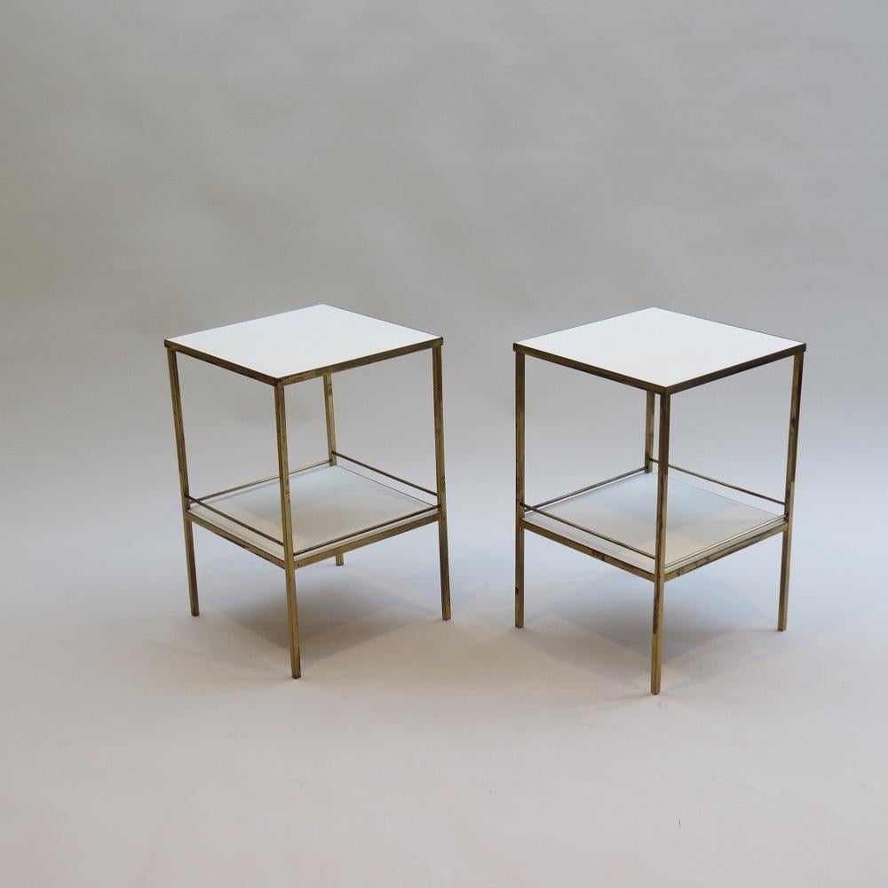 Hollywood Regency Pair of 1960s Brass and Laminate Bedside Table Nightstands