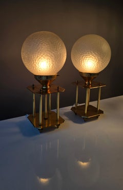 Pair of 1960s Brass Art Deco Style Table Lamps with Textured Frosted Glass Globe