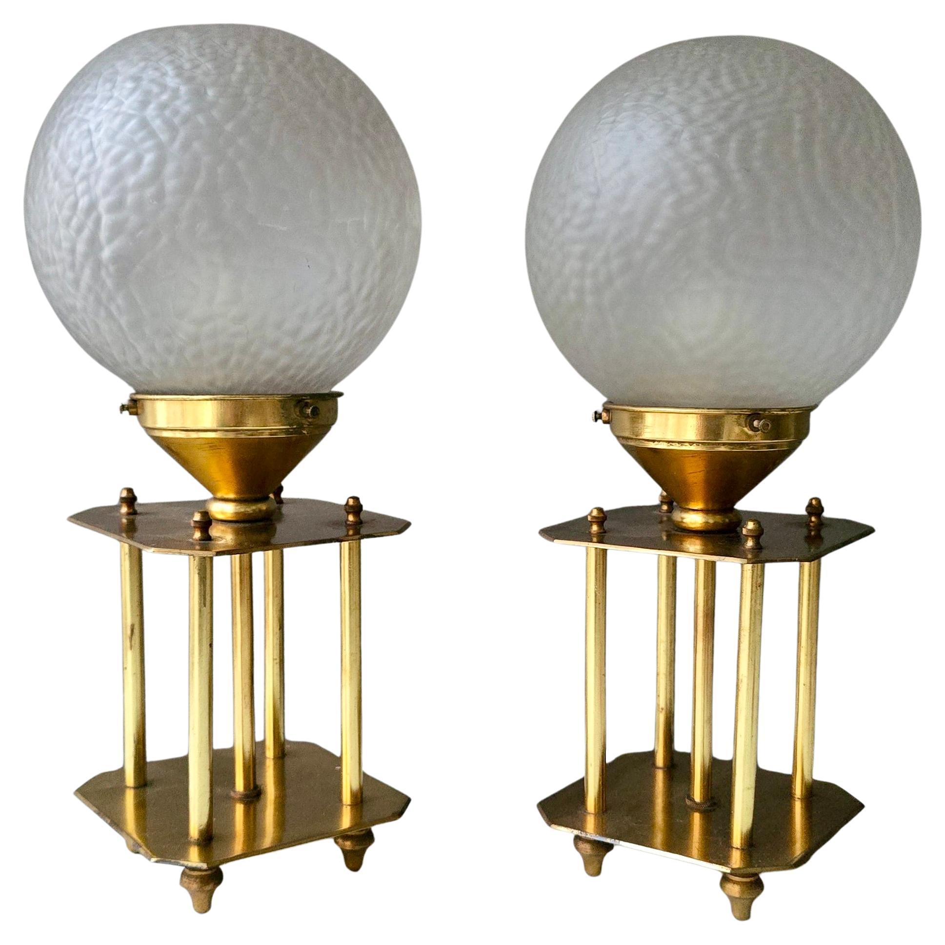 Pair of 1960s Brass Art Deco Style Table Lamps with Textured Frosted Glass Globe For Sale