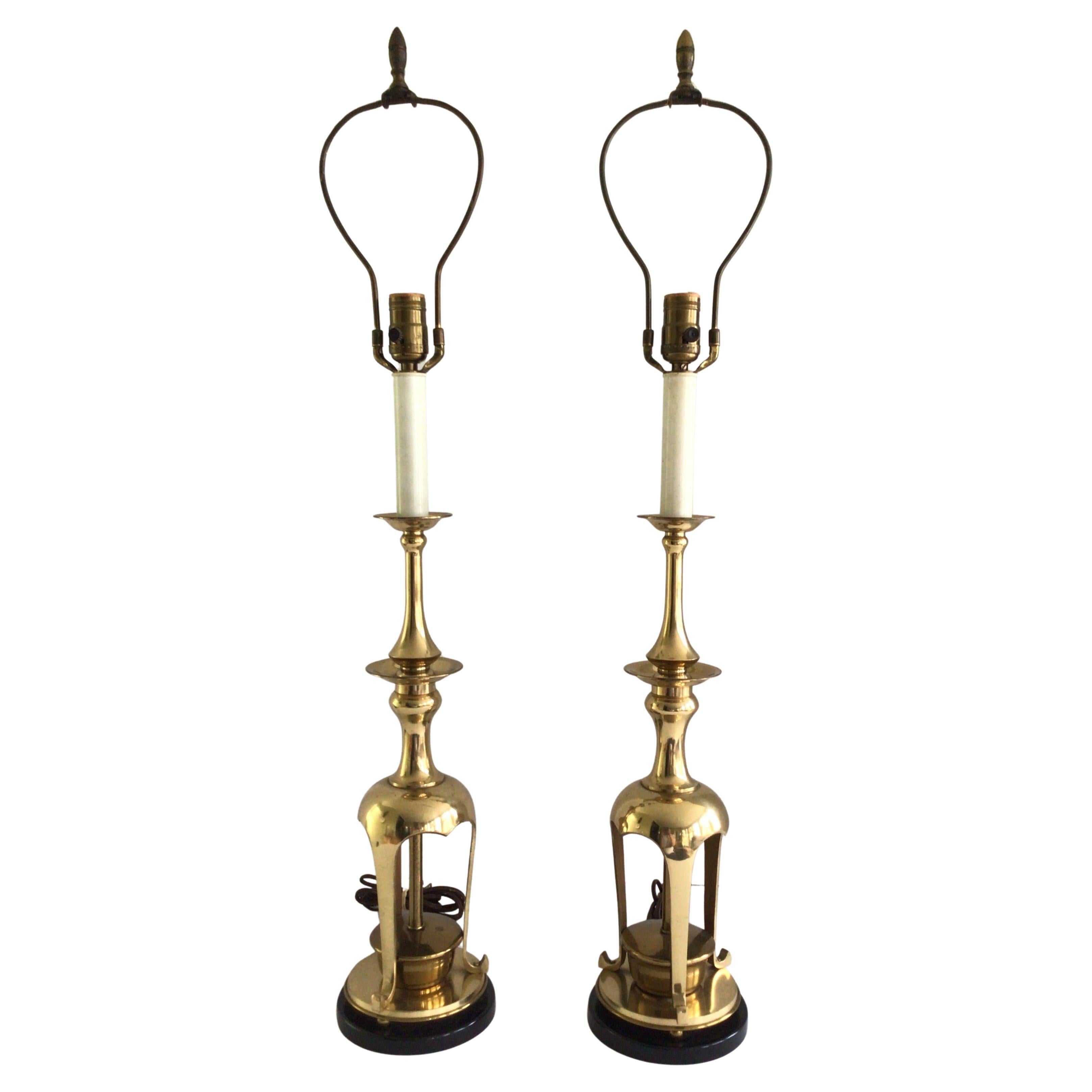 Pair of 1960s Brass Table Lamps on Painted Wood Base