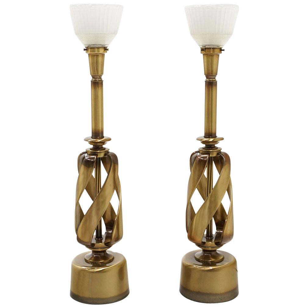 Pair of 1960s Brass Table Lamps with Original Globes, Attributed to Stiffel