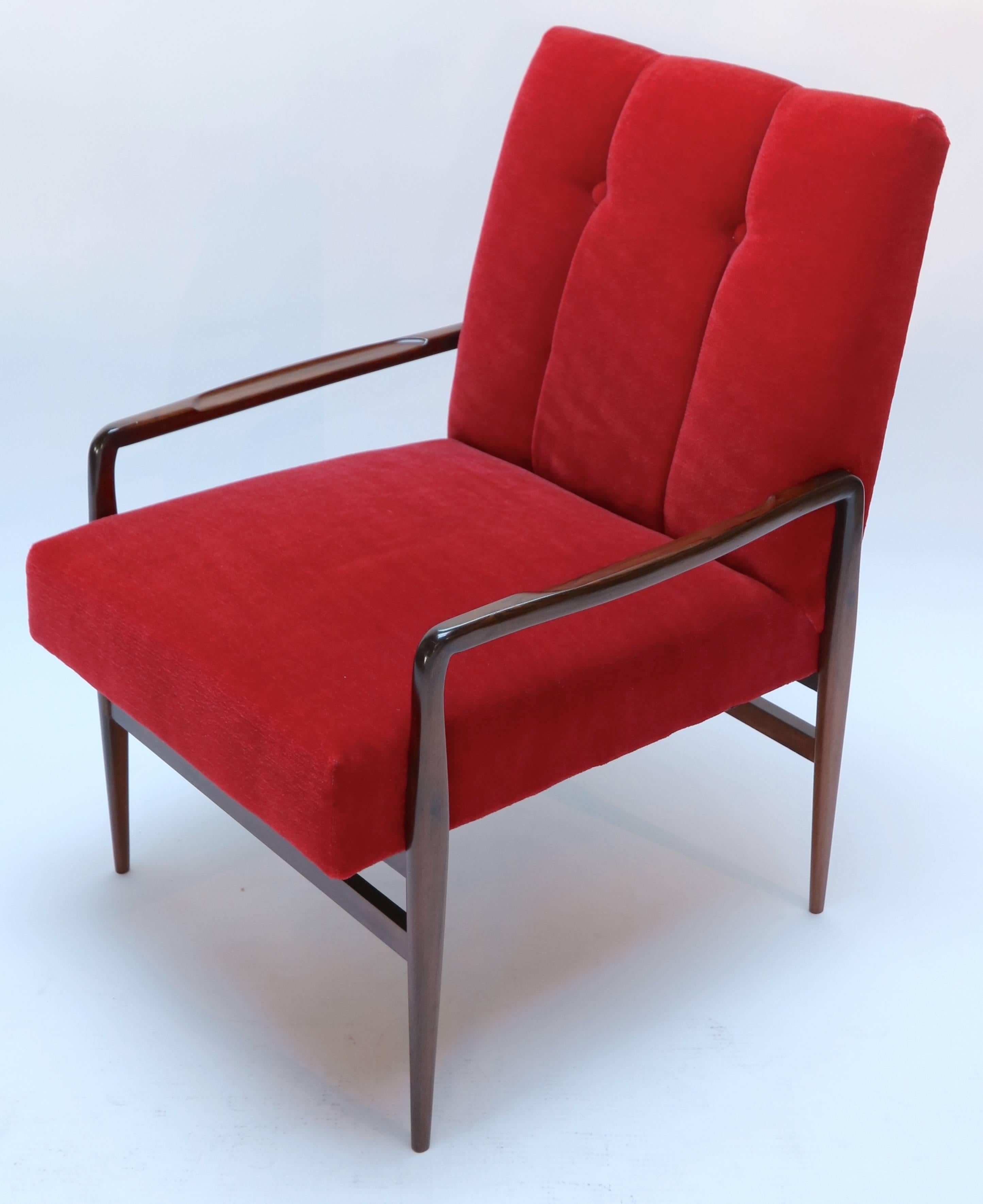 Pair of beautifully restored 1960s Brazilian jacaranda armchairs upholstered in red mohair.