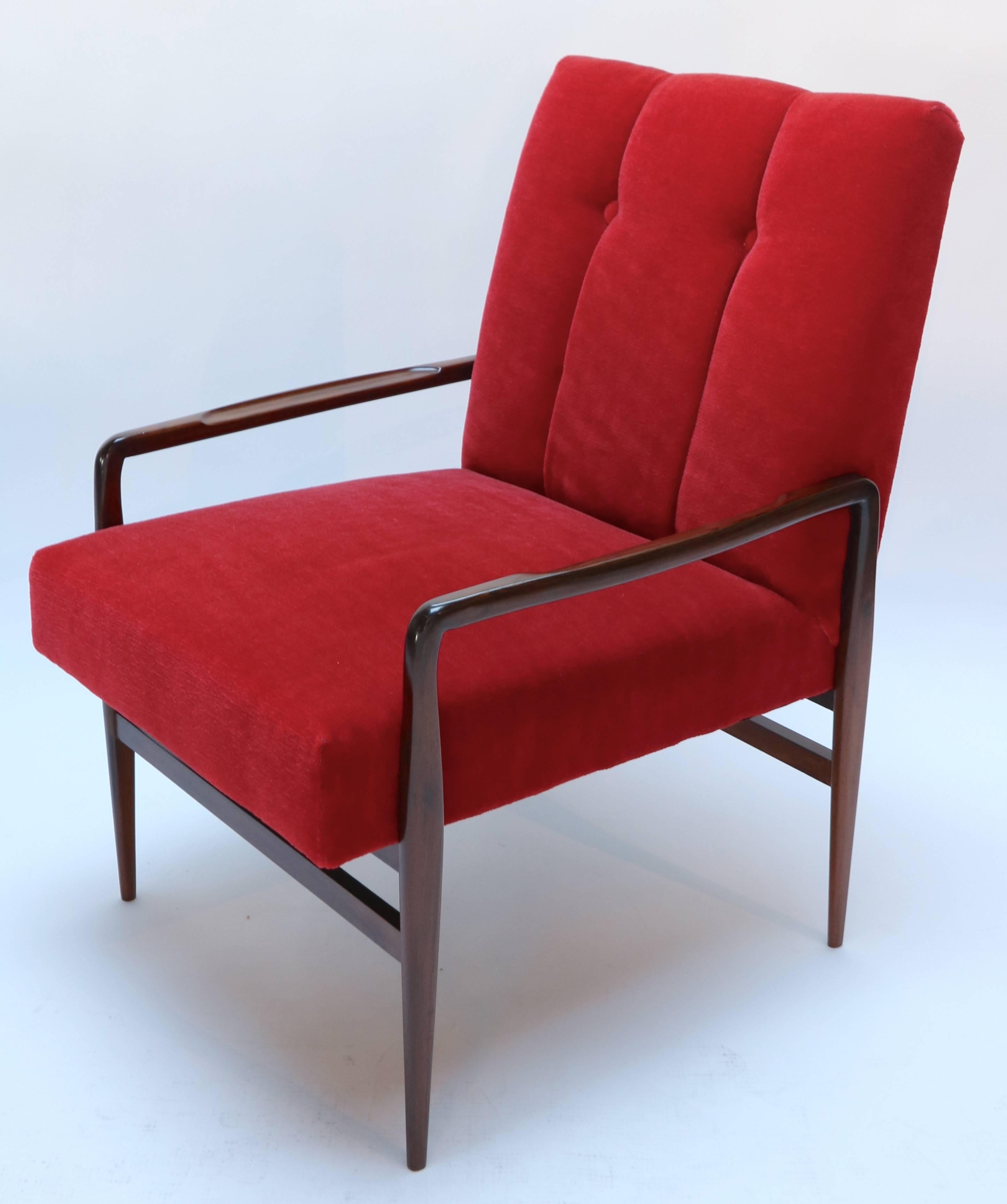 Pair of 1960s Brazilian Jacaranda Wood Armchairs in Red Mohair In Good Condition For Sale In Los Angeles, CA