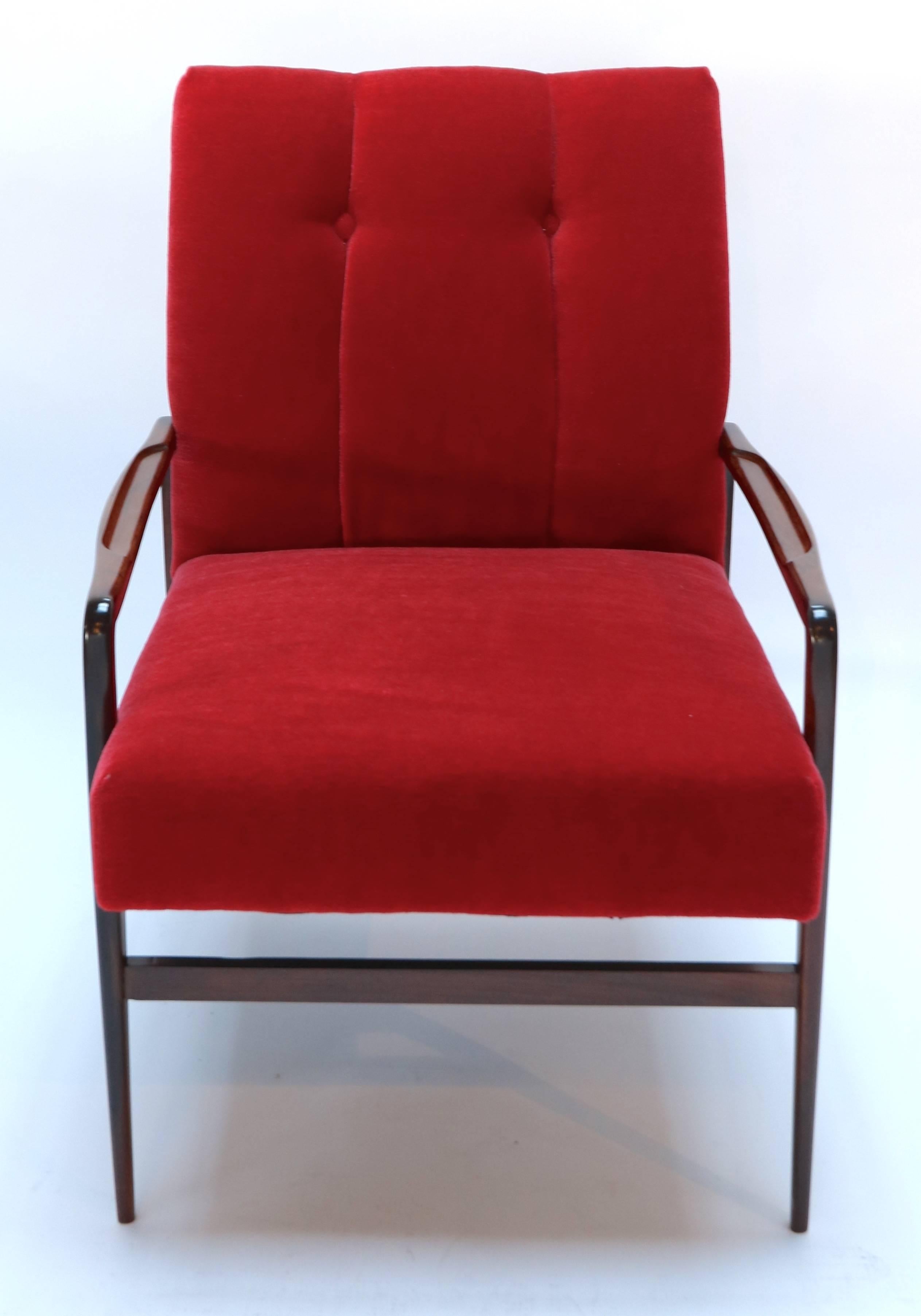 Pair of 1960s Brazilian Jacaranda Wood Armchairs in Red Mohair For Sale 1