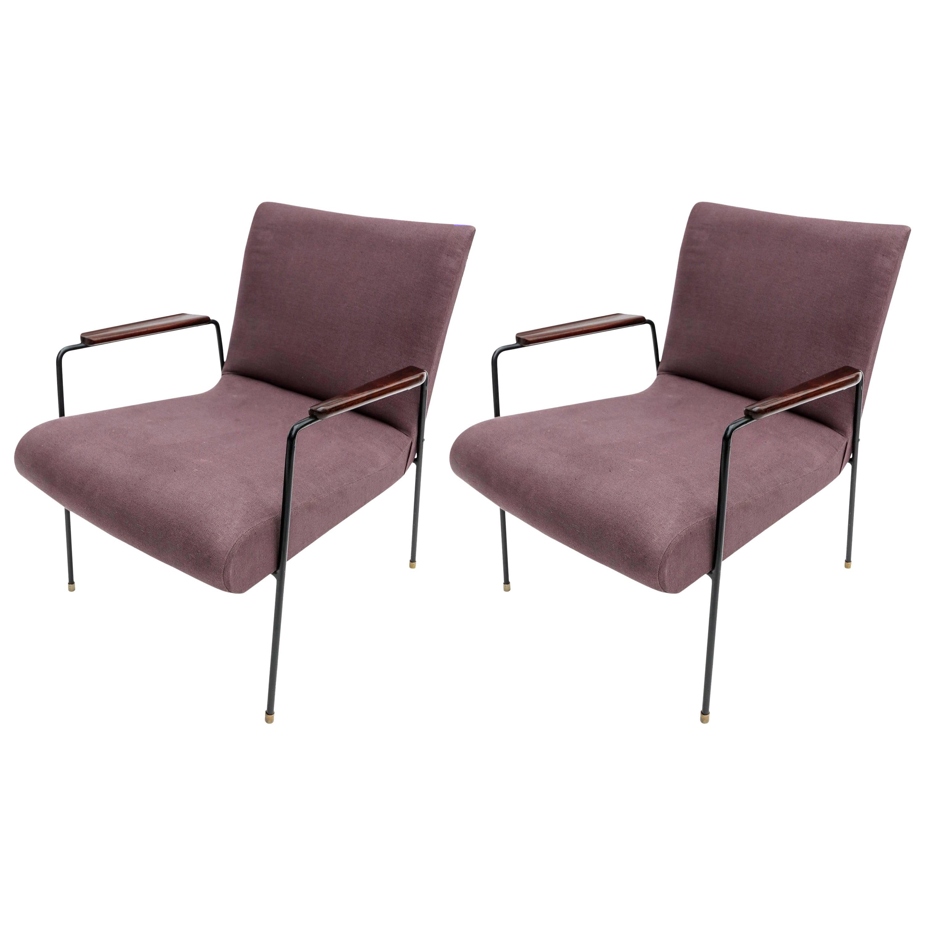 Pair of 1960s Brazilian Jacaranda Wood and Black Metal Armchairs in Violet Linen
