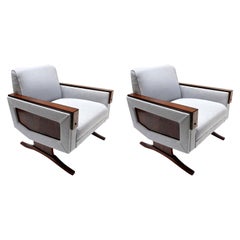 Pair of 1960s Brazilian Jacaranda Wood Armchairs in Grey Linen