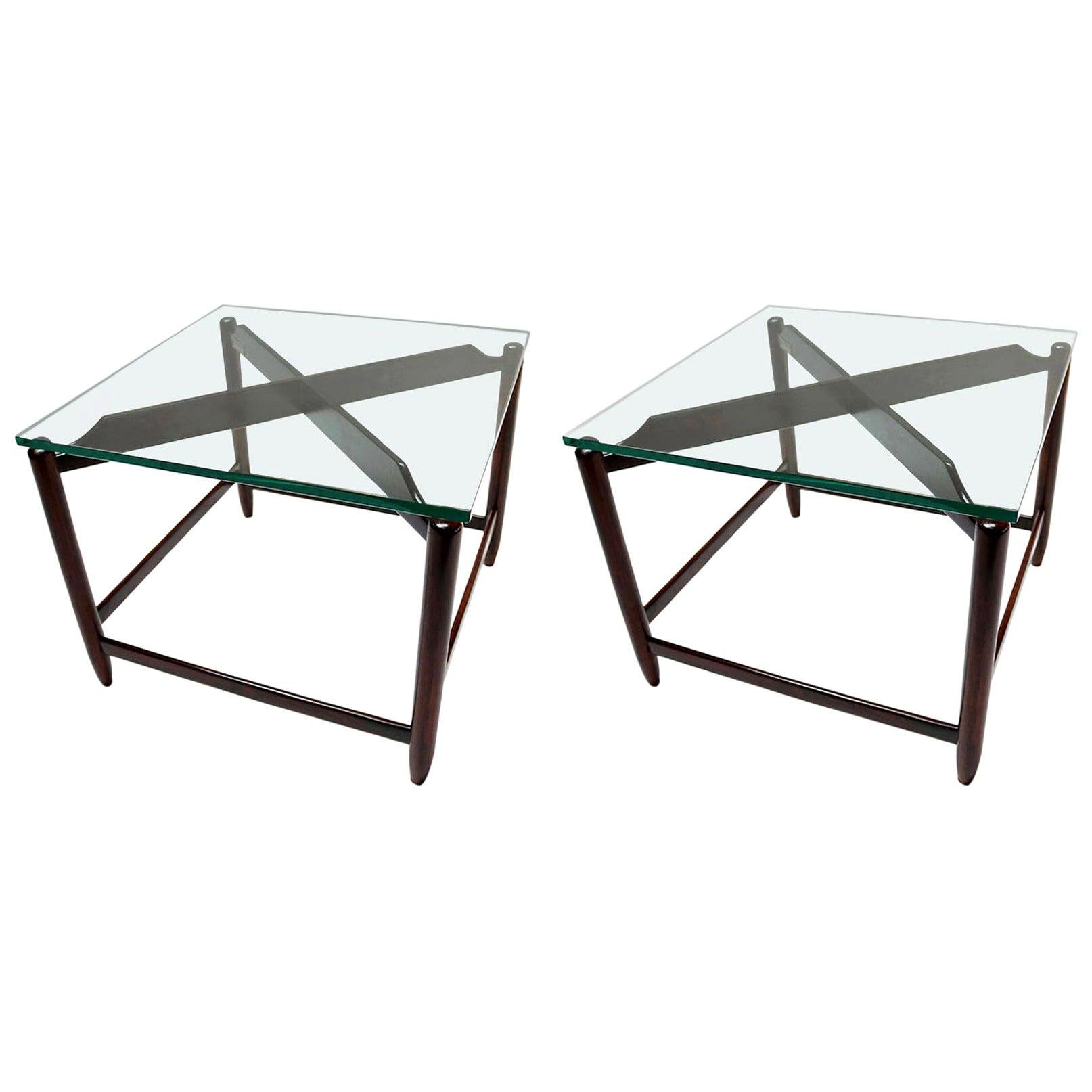 "RK" Modern Wood Side Table with Circle Crystal Extra White Glass Top