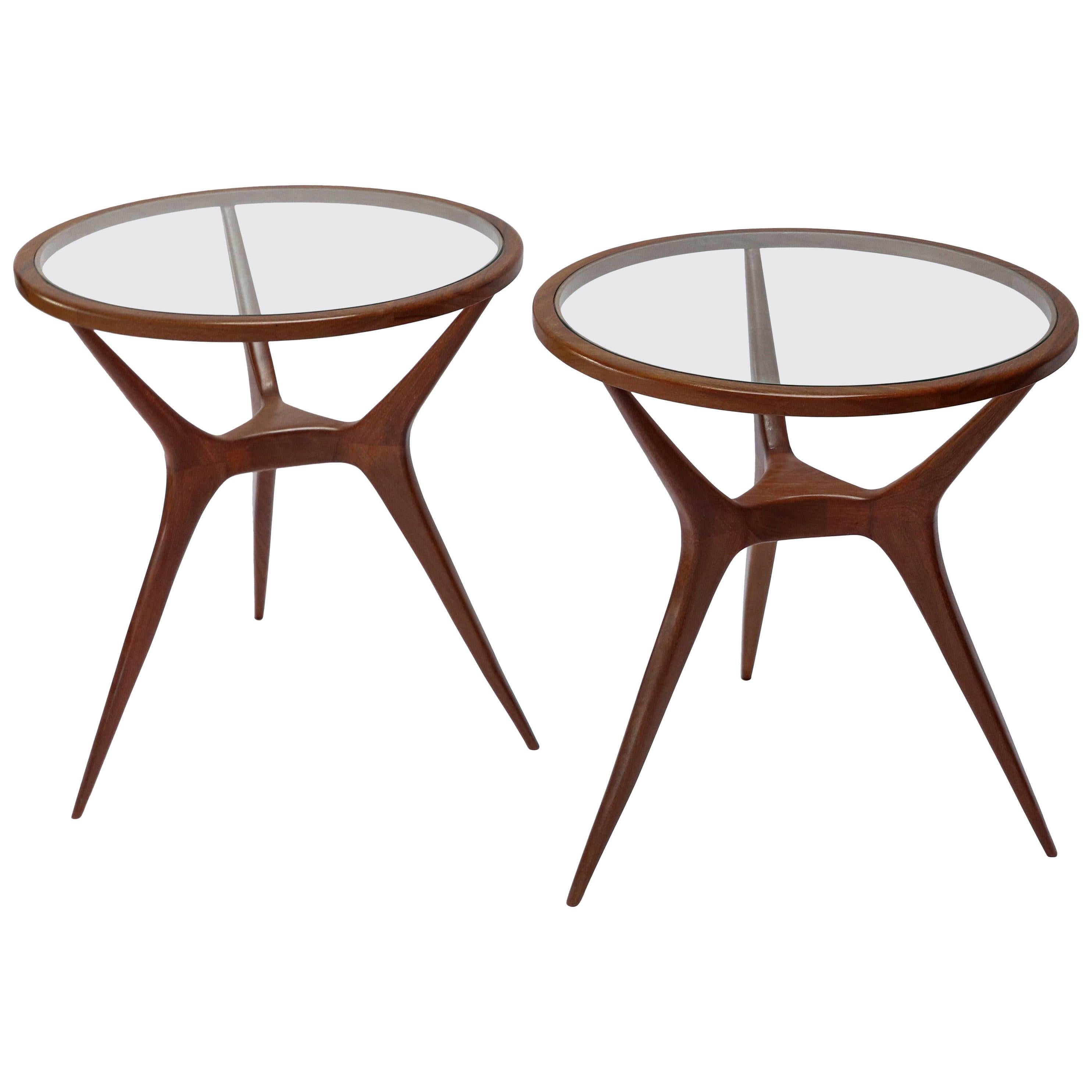 Pair of 1960s Brazilian Spider Leg Wood Side Tables with Glass Tops