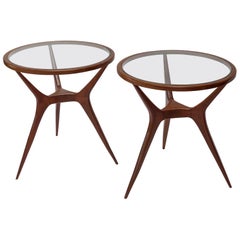 Pair of 1960s Brazilian Spider Leg Wood Side Tables with Glass Tops