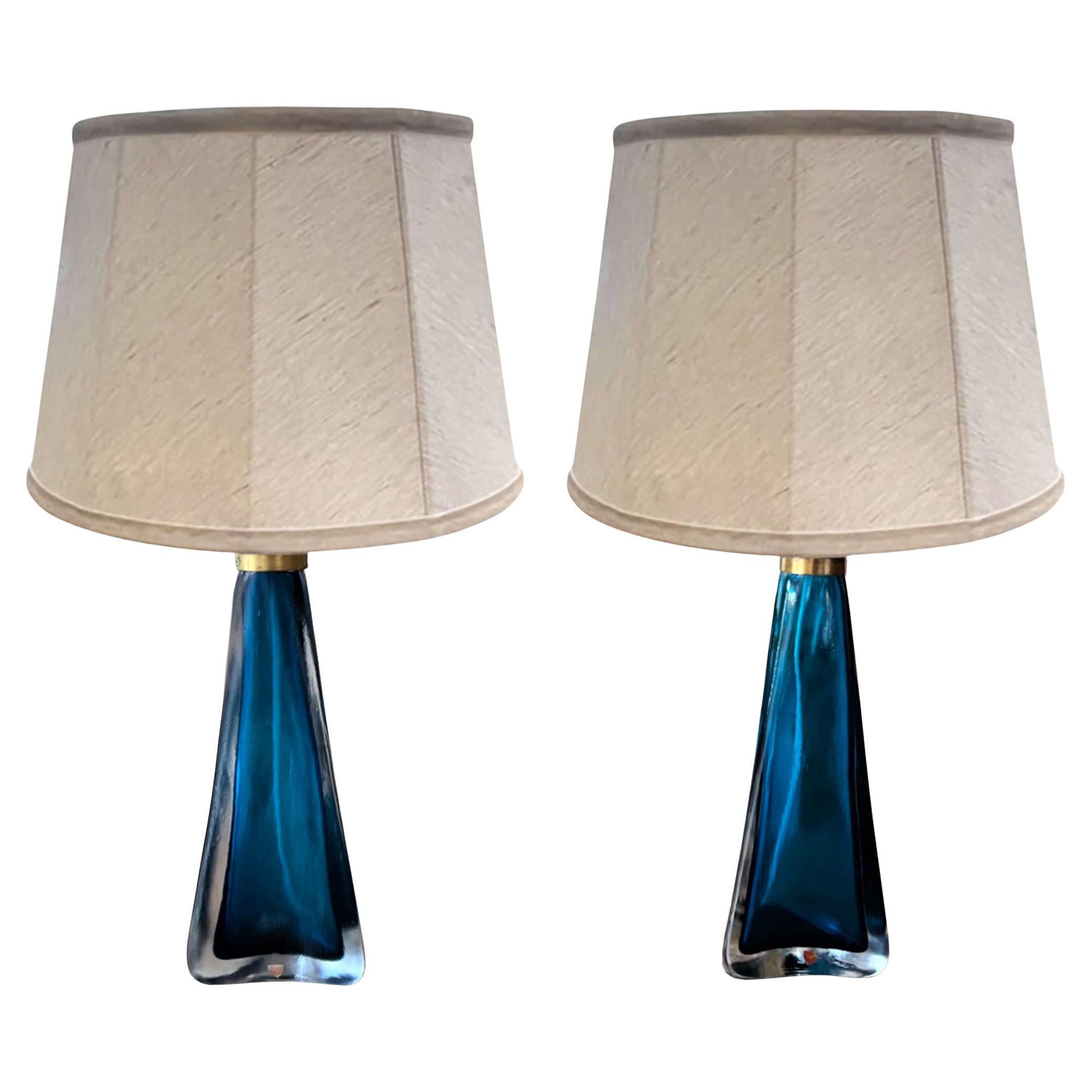 Pair of 1960s Bright Blue Swedish Orrefors Glass Table Lamps