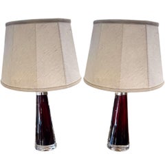 Pair of 1960s Bright Red Swedish Orrefors Glass Table Lamps