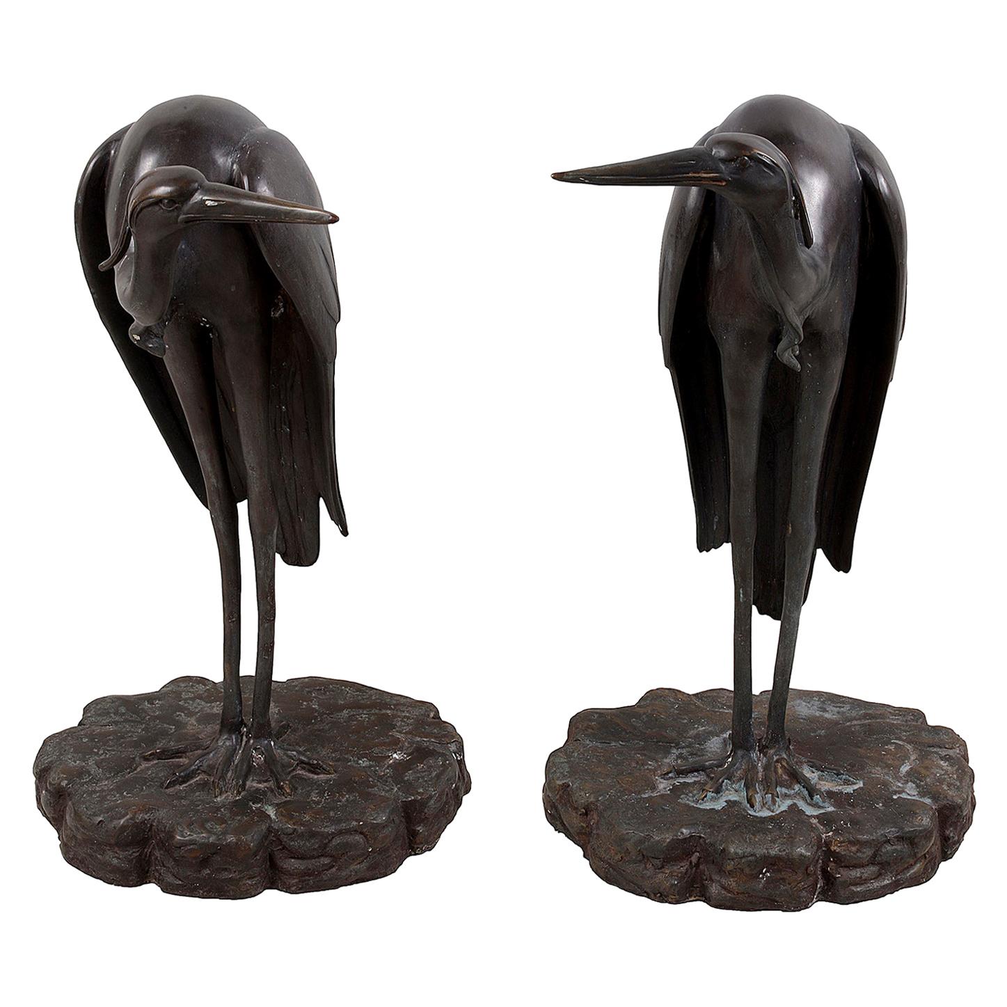 Pair of 1960s Bronze Cranes