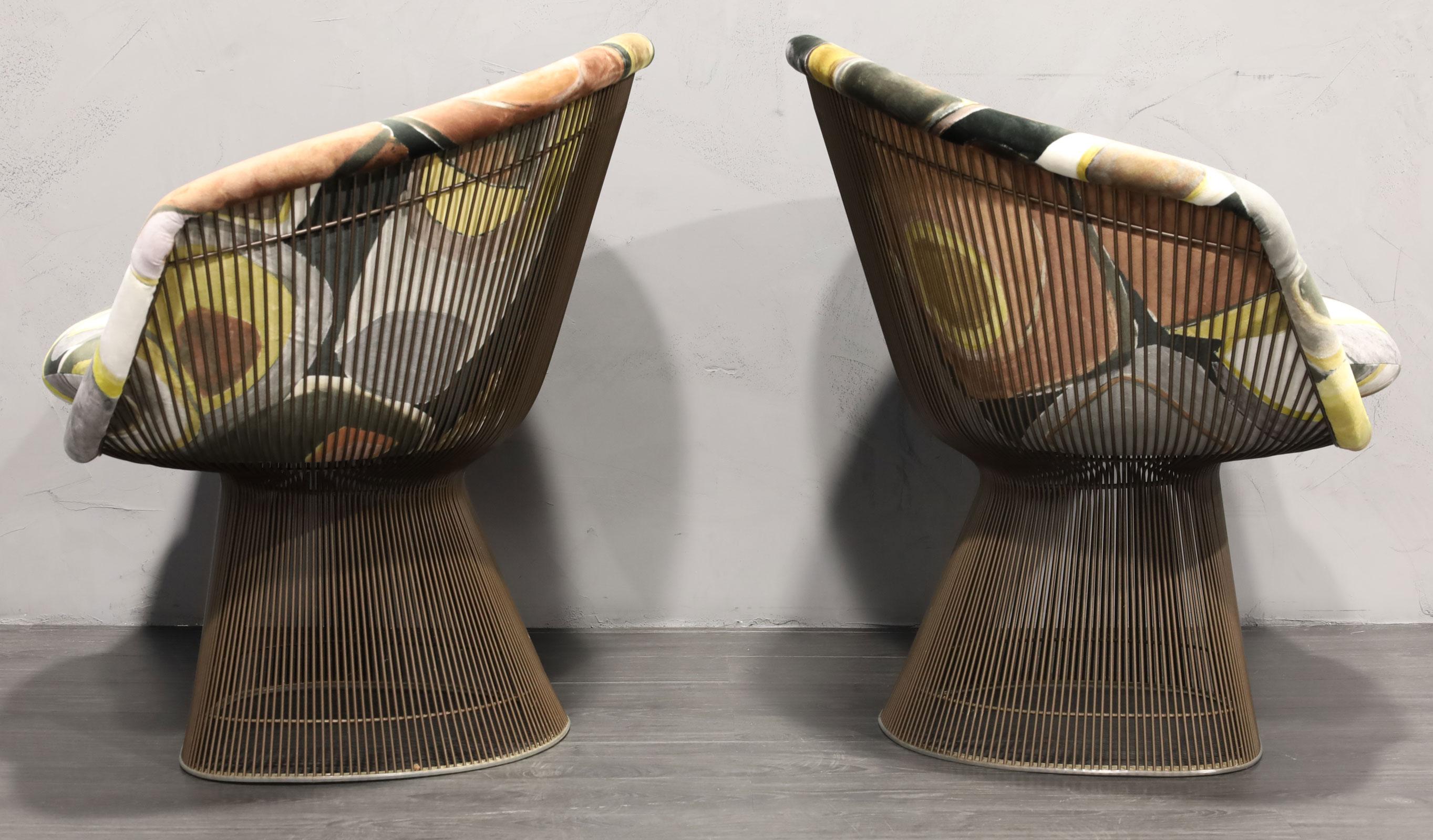 Mid-Century Modern Pair of 1960s Bronze Warren Platner Lounge Chairs, New Upholstery