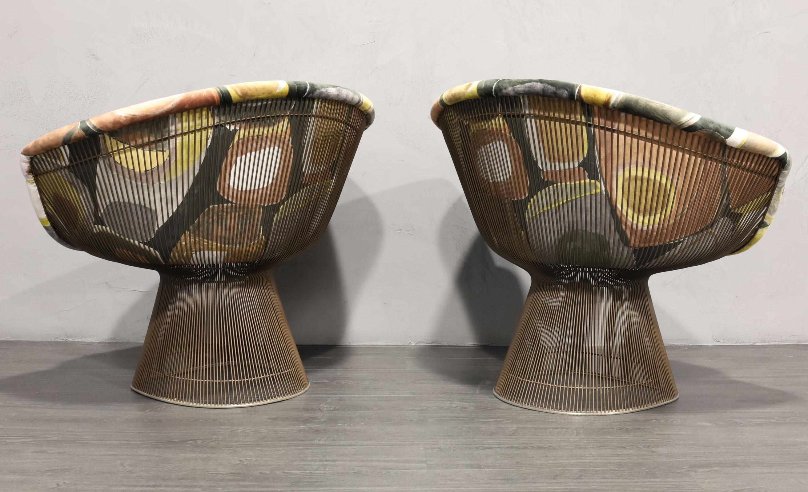 American Pair of 1960s Bronze Warren Platner Lounge Chairs, New Upholstery For Sale