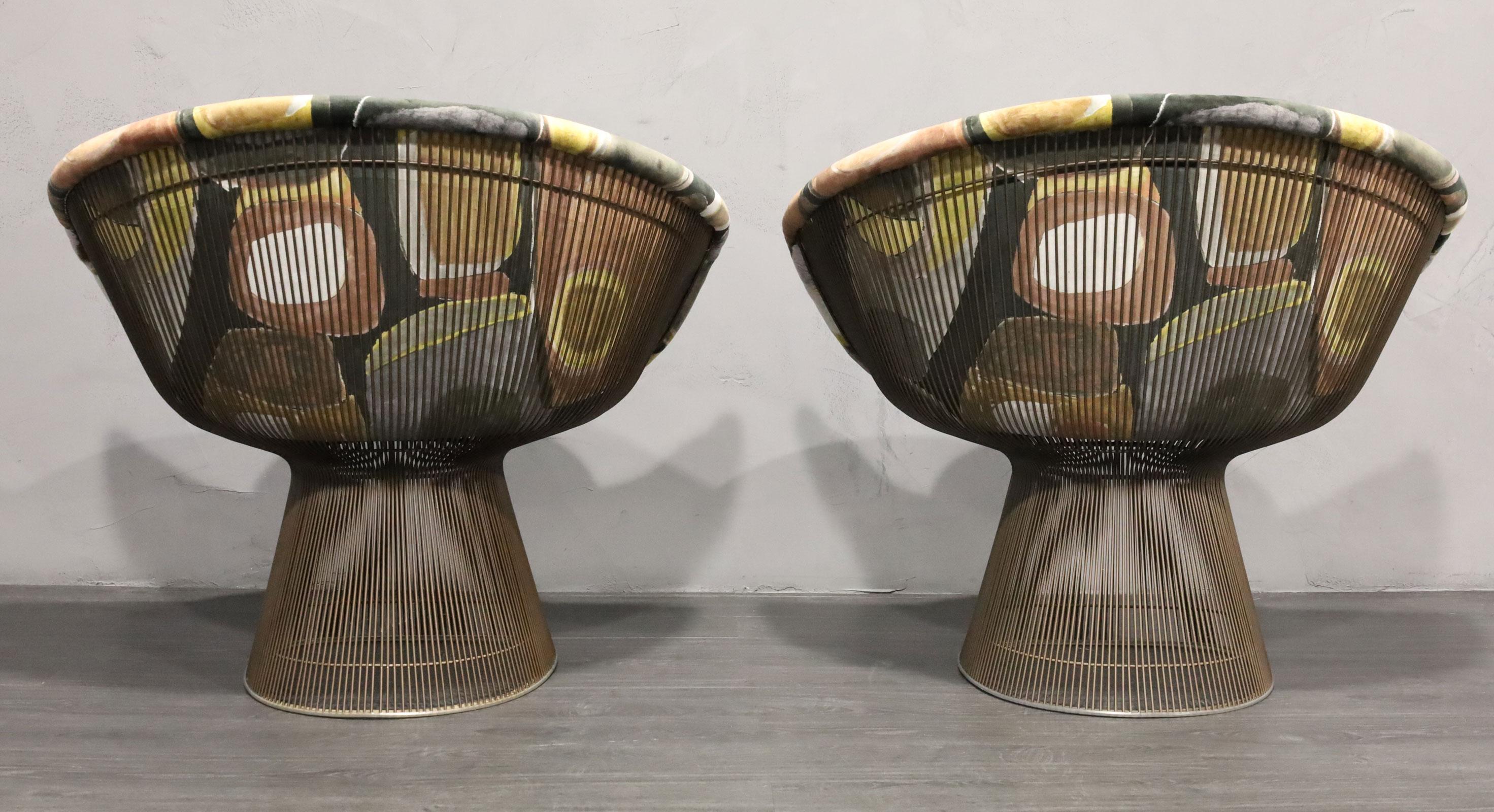 Pair of 1960s Bronze Warren Platner Lounge Chairs, New Upholstery In Good Condition For Sale In Dallas, TX
