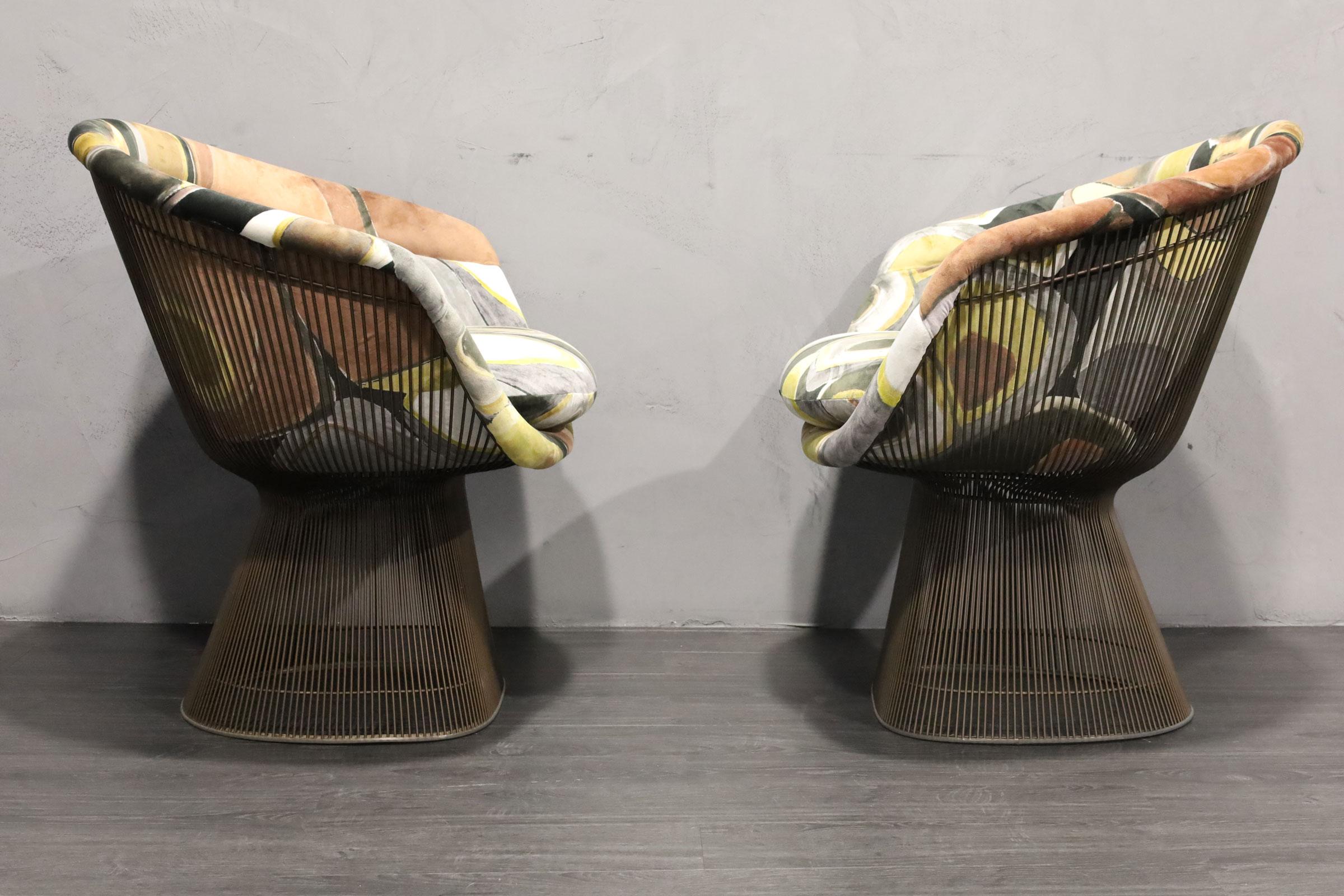 20th Century Pair of 1960s Bronze Warren Platner Lounge Chairs, New Upholstery