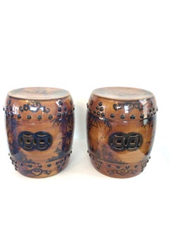 Pair of 1960s Brown-Glazed Ceramic Garden Stools