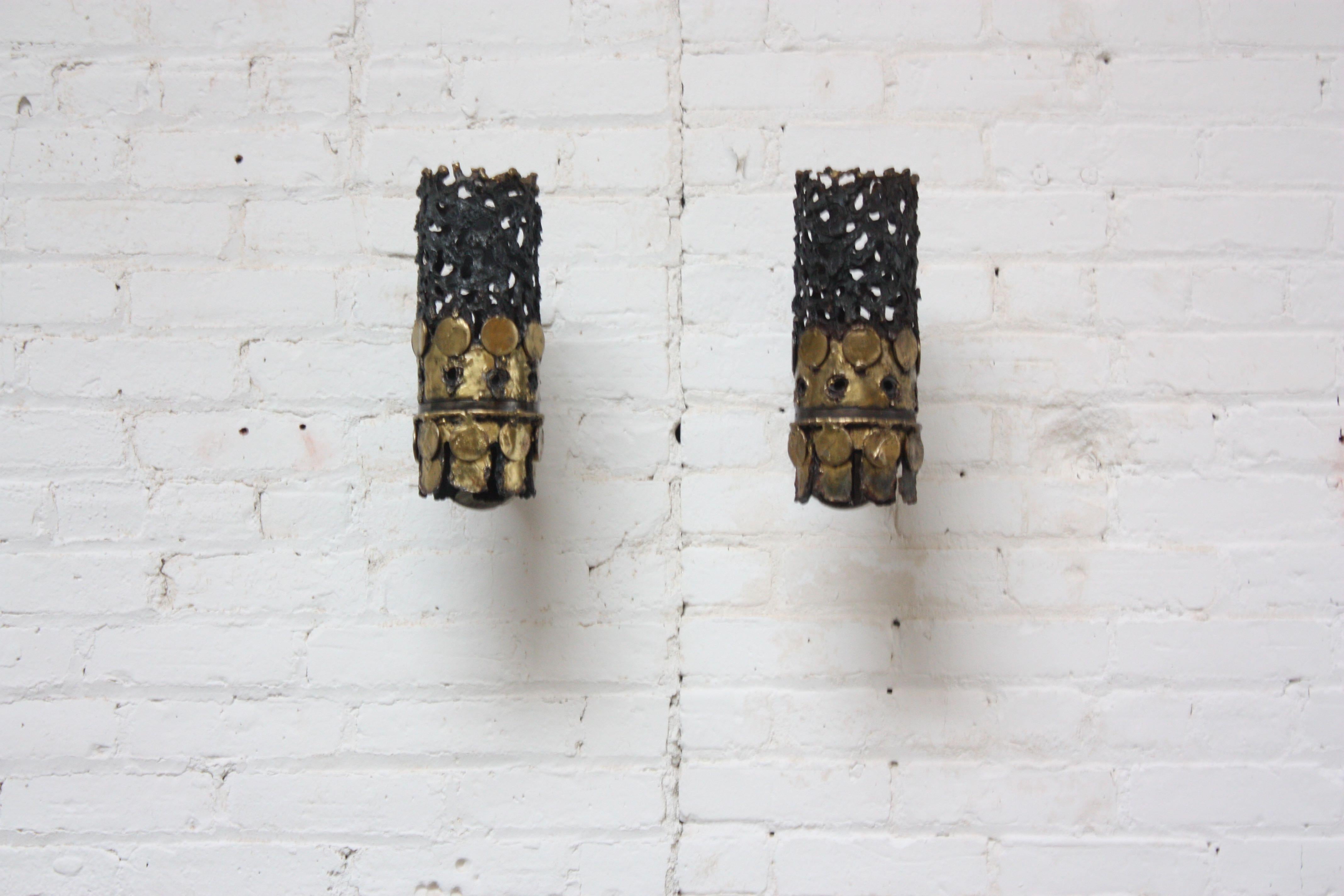 Mid-Century Modern Pair of 1960s Brutalist Torch-Cut Steel and Brass Wall Sconces