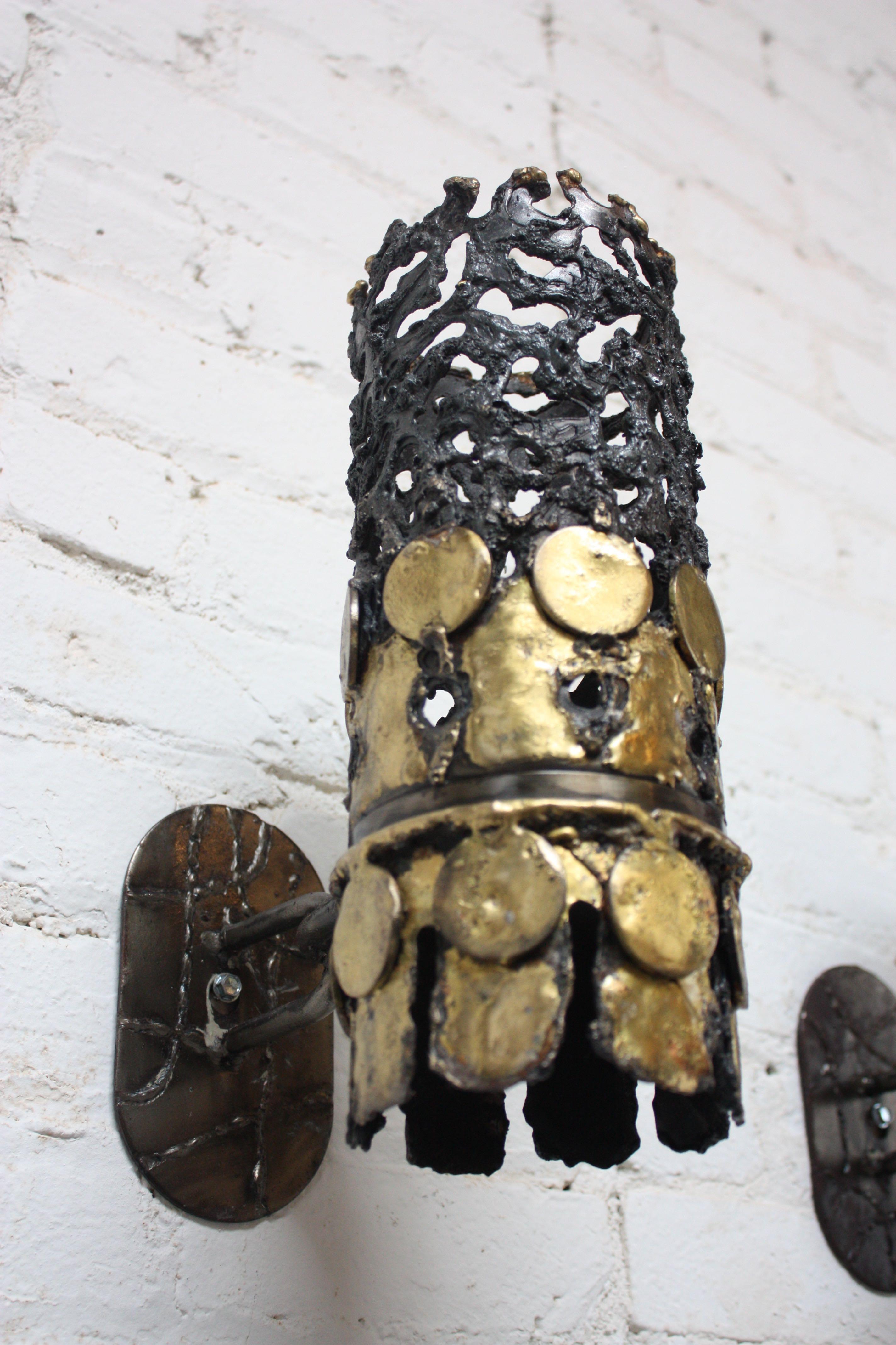 Mid-20th Century Pair of 1960s Brutalist Torch-Cut Steel and Brass Wall Sconces