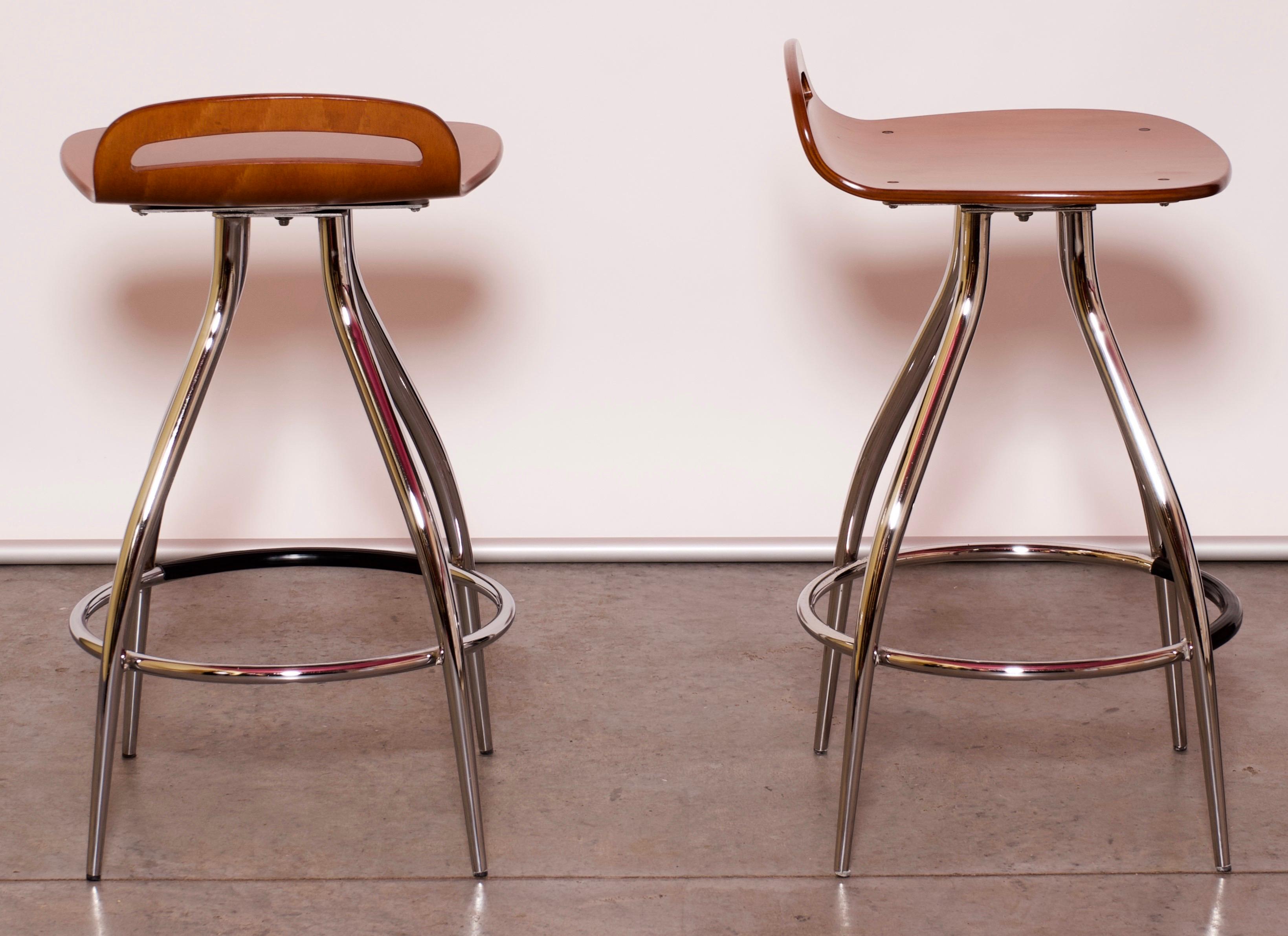 Pair of 1960s Calligaris Gin Chrome and Wood Mid-Century Modern Barstools 1