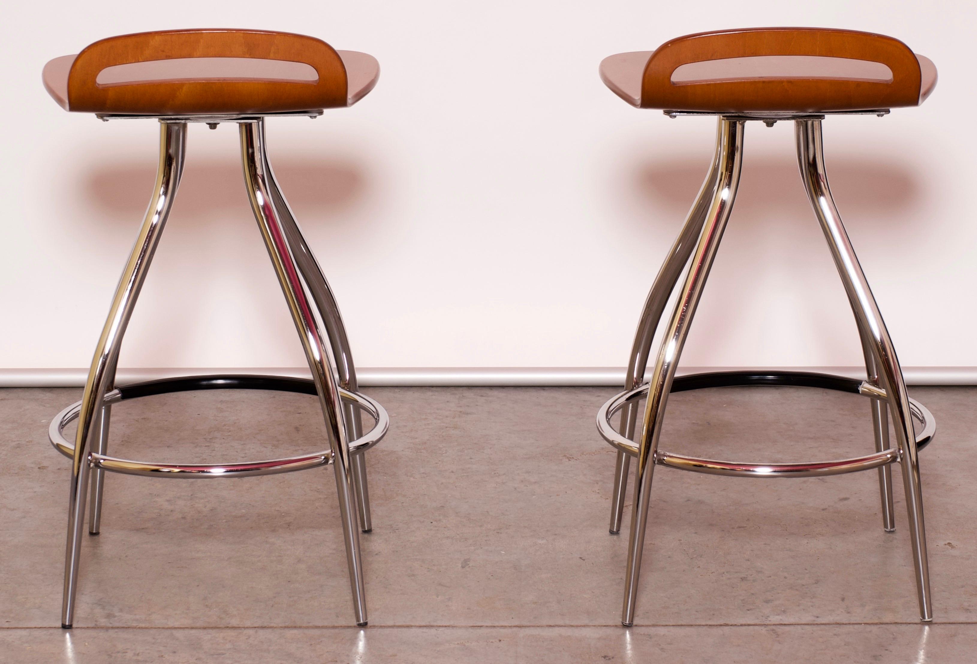 Pair of 1960s Calligaris Gin Chrome and Wood Mid-Century Modern Barstools 2