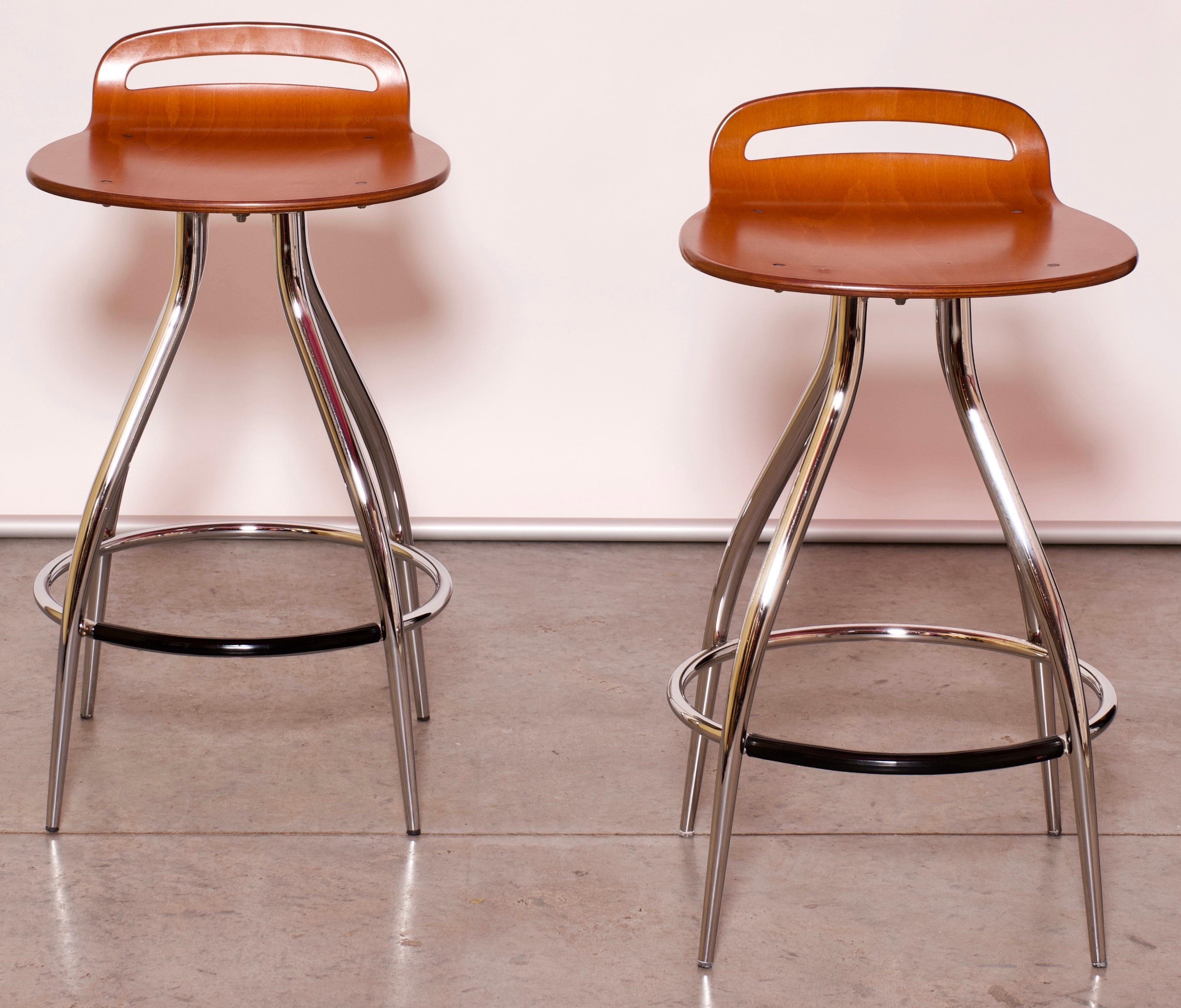 Pair of 1960s Calligaris Gin Chrome and Wood Mid-Century Modern Barstools 3