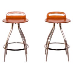 Used Pair of 1960s Calligaris Gin Chrome and Wood Mid-Century Modern Barstools