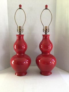 Pair of 1960s Candy Apple Red Table Lamps With Red Finials