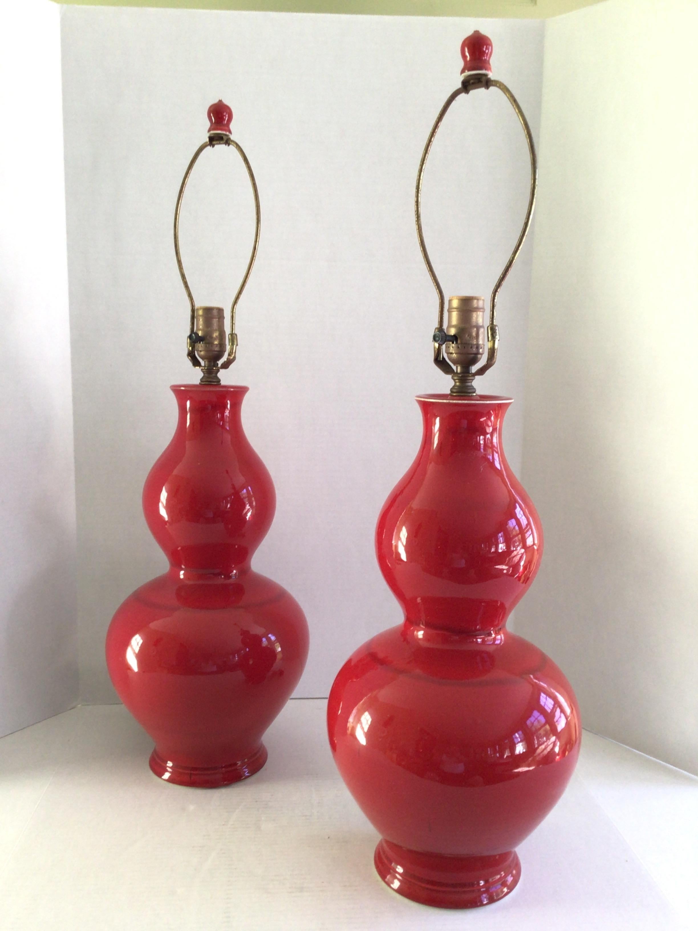 Mid-20th Century Pair of 1960s Candy Apple Red Table Lamps With Red Finials For Sale