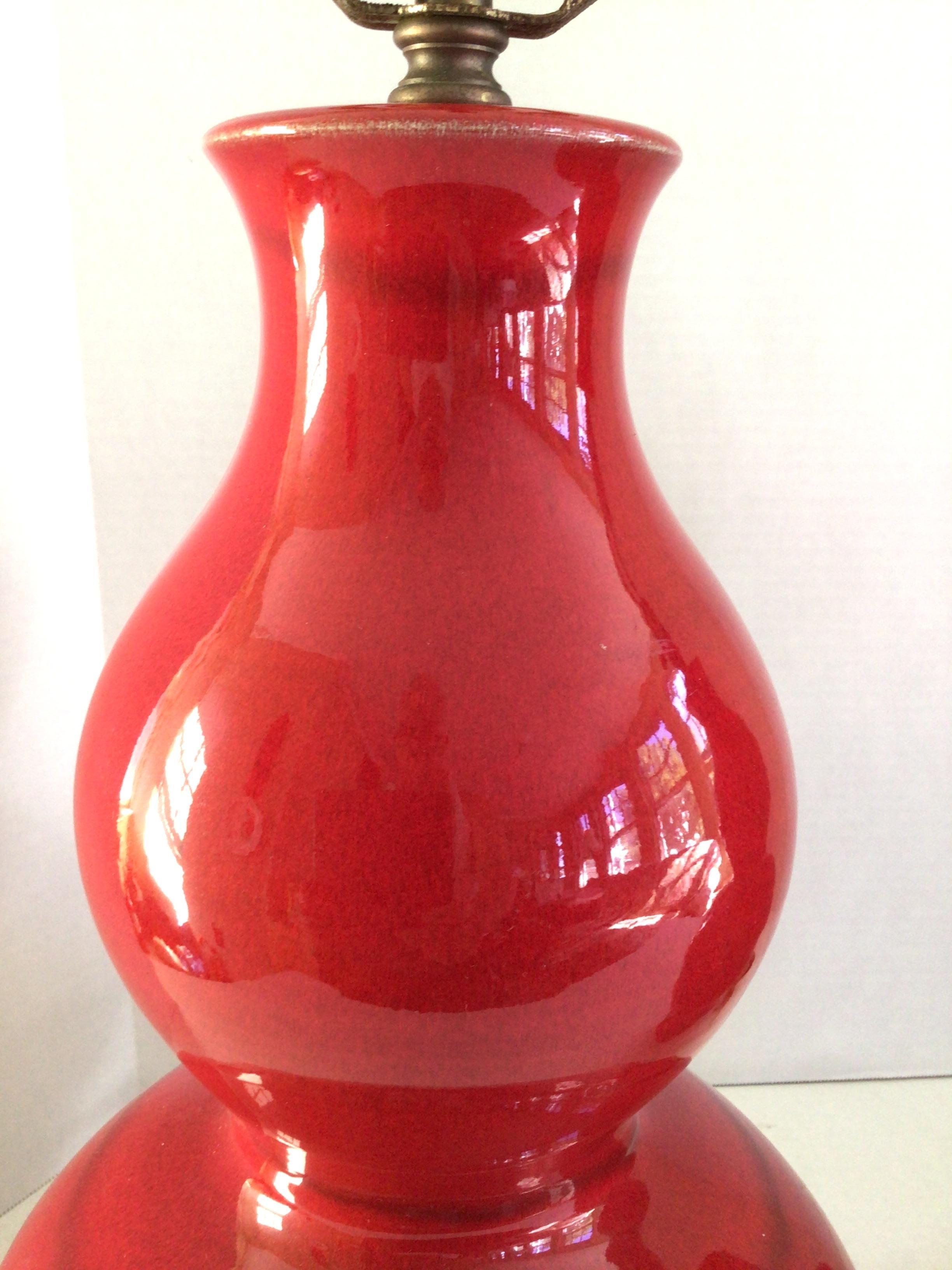 Ceramic Pair of 1960s Candy Apple Red Table Lamps With Red Finials For Sale