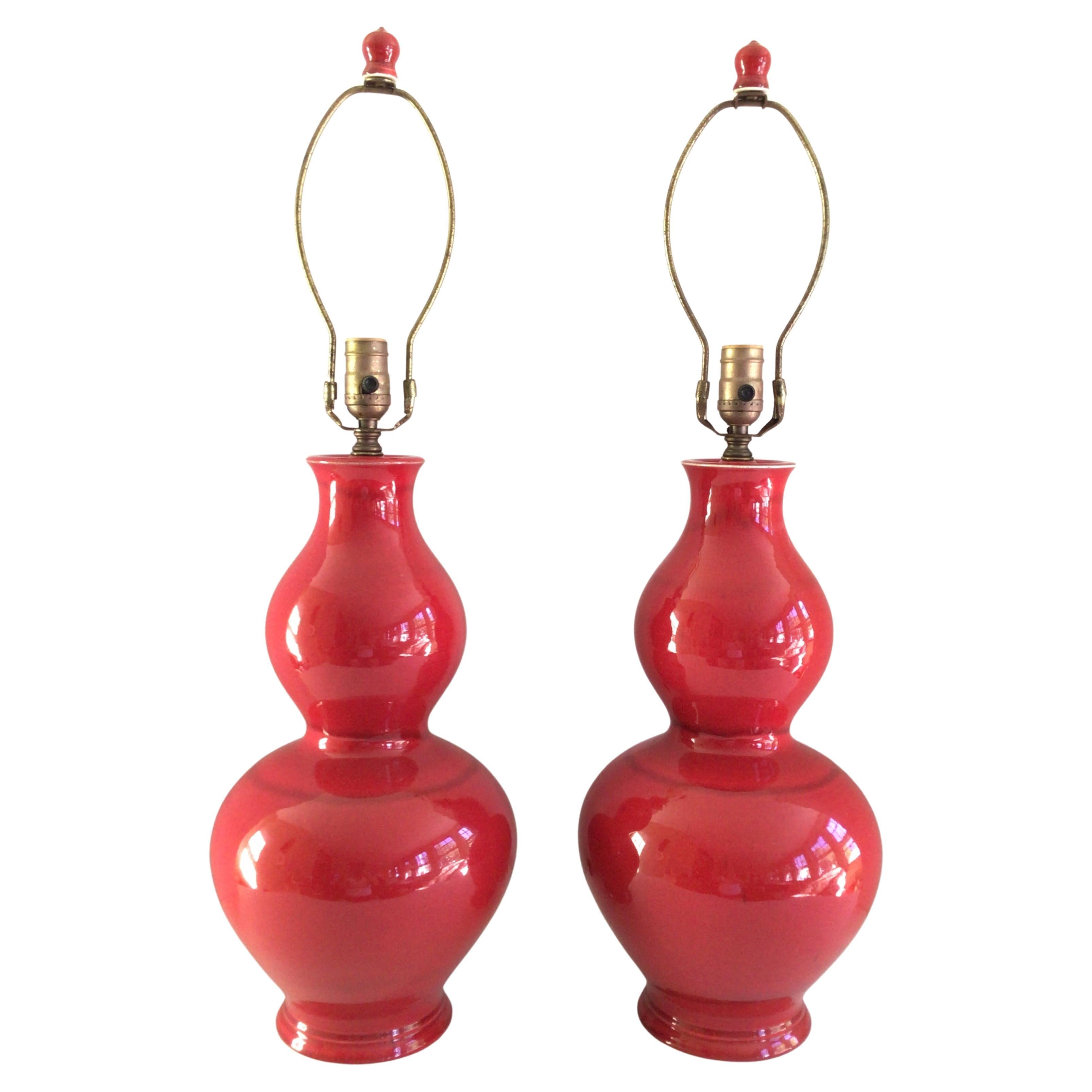 Pair of 1960s Candy Apple Red Table Lamps With Red Finials For Sale