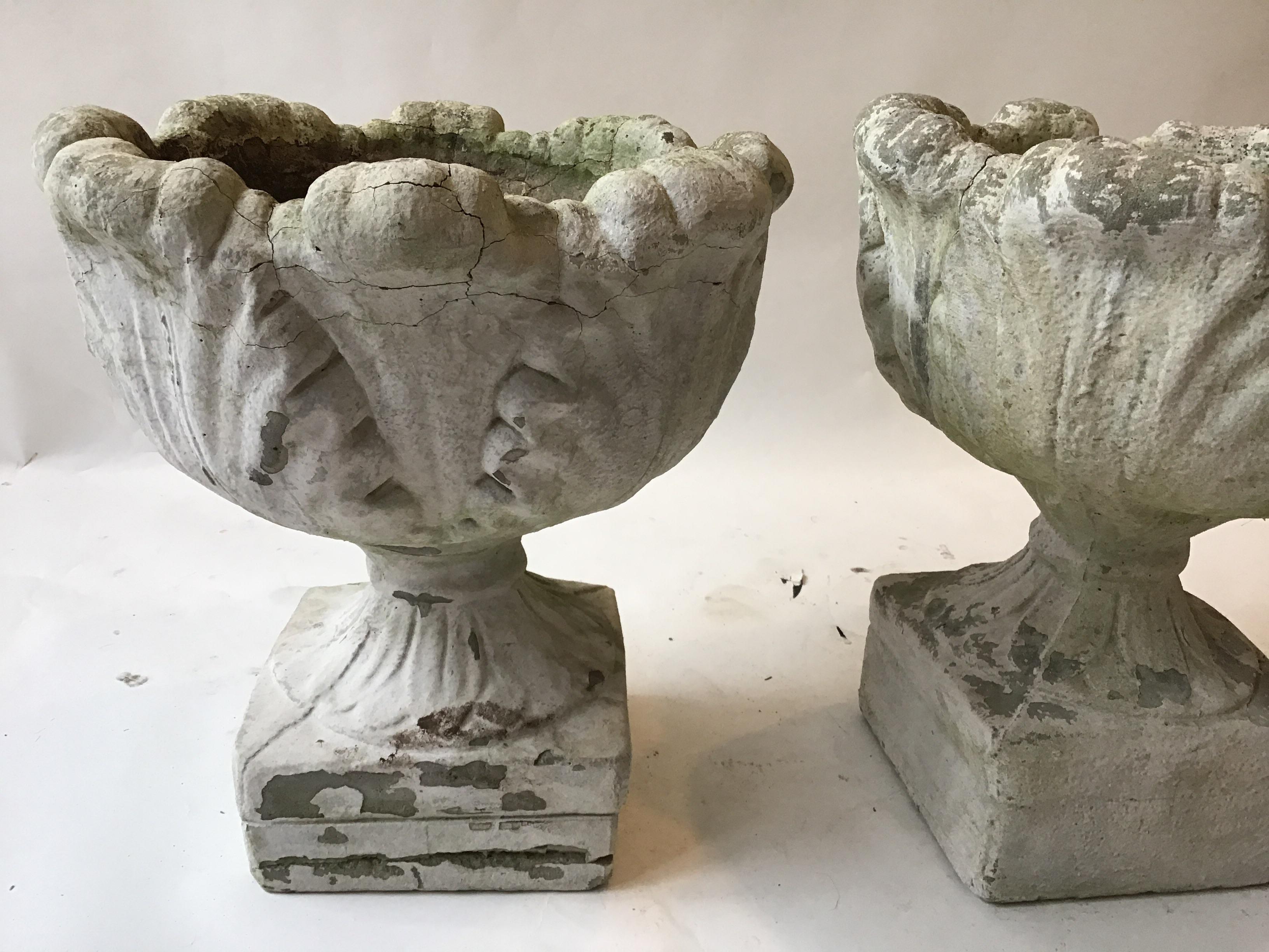 Pair of 1960s Cantus Leaf Concrete Planters In Fair Condition In Tarrytown, NY