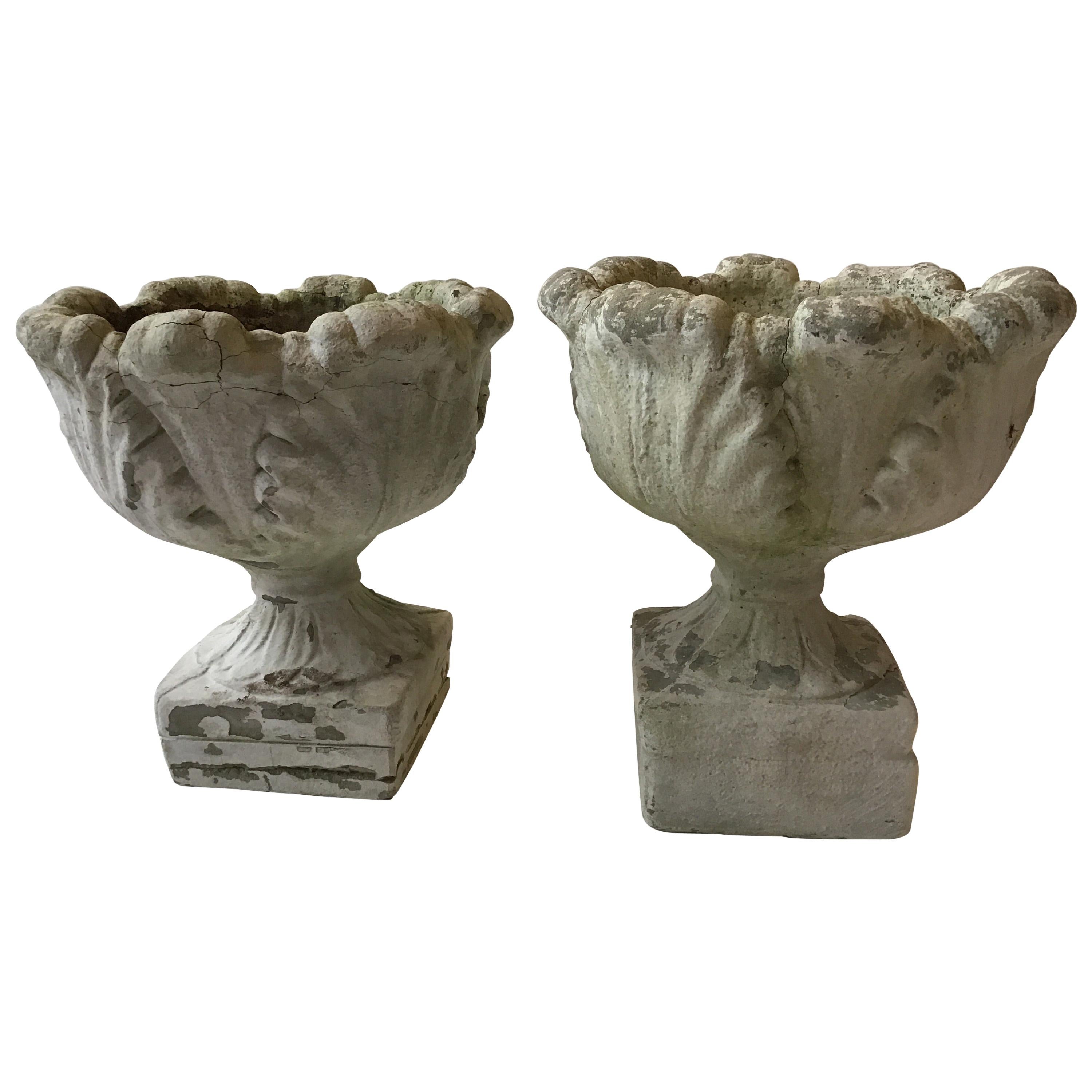 Pair of Vintage French Carved Oval Concrete Planters with Lemon and